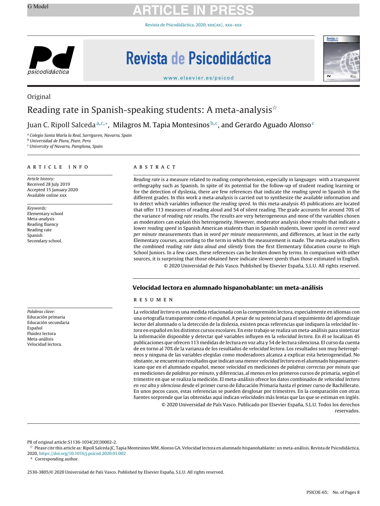 Reading rate in Spanish-speaking students: A meta-analysis by Juan C. Ripoll Salceda & Milagros M. Tapia Montesinos & Gerardo Aguado Alonso
