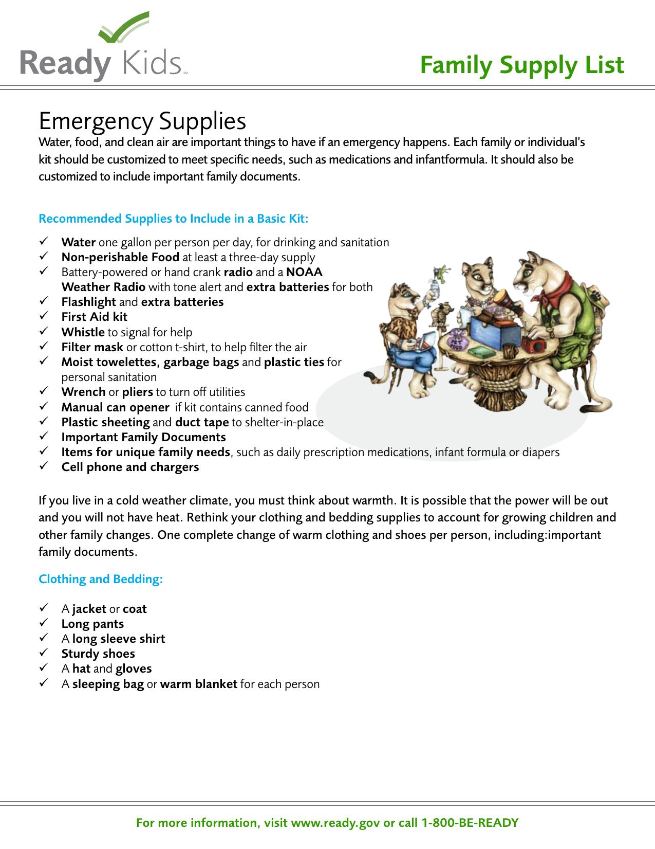 Ready Kids - Family Supply List by Ready Campaign of the U.S. Department of Homeland Security