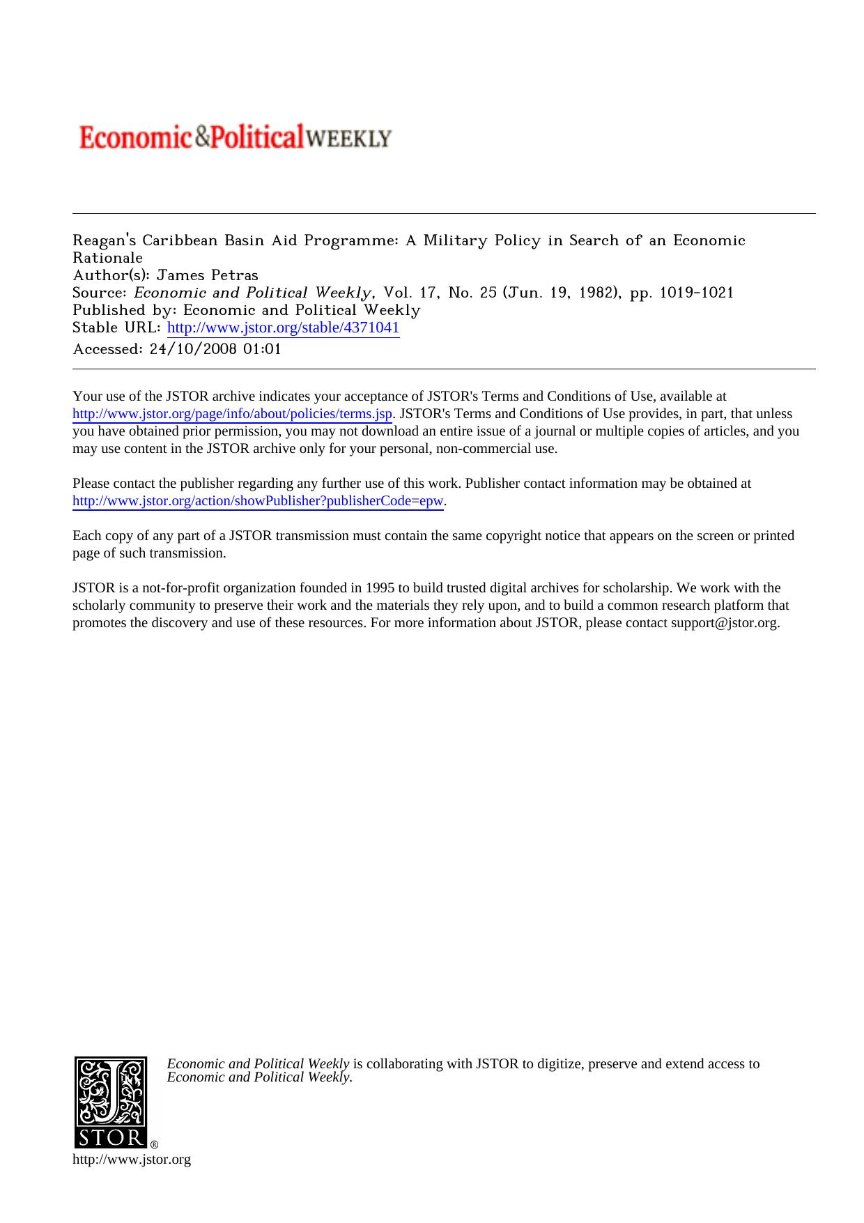 Reagan's Caribbean Basin Aid Programme: A Military Policy in Search of an Economic Rationale by A Military Policy in Search of an Economic Rationale
