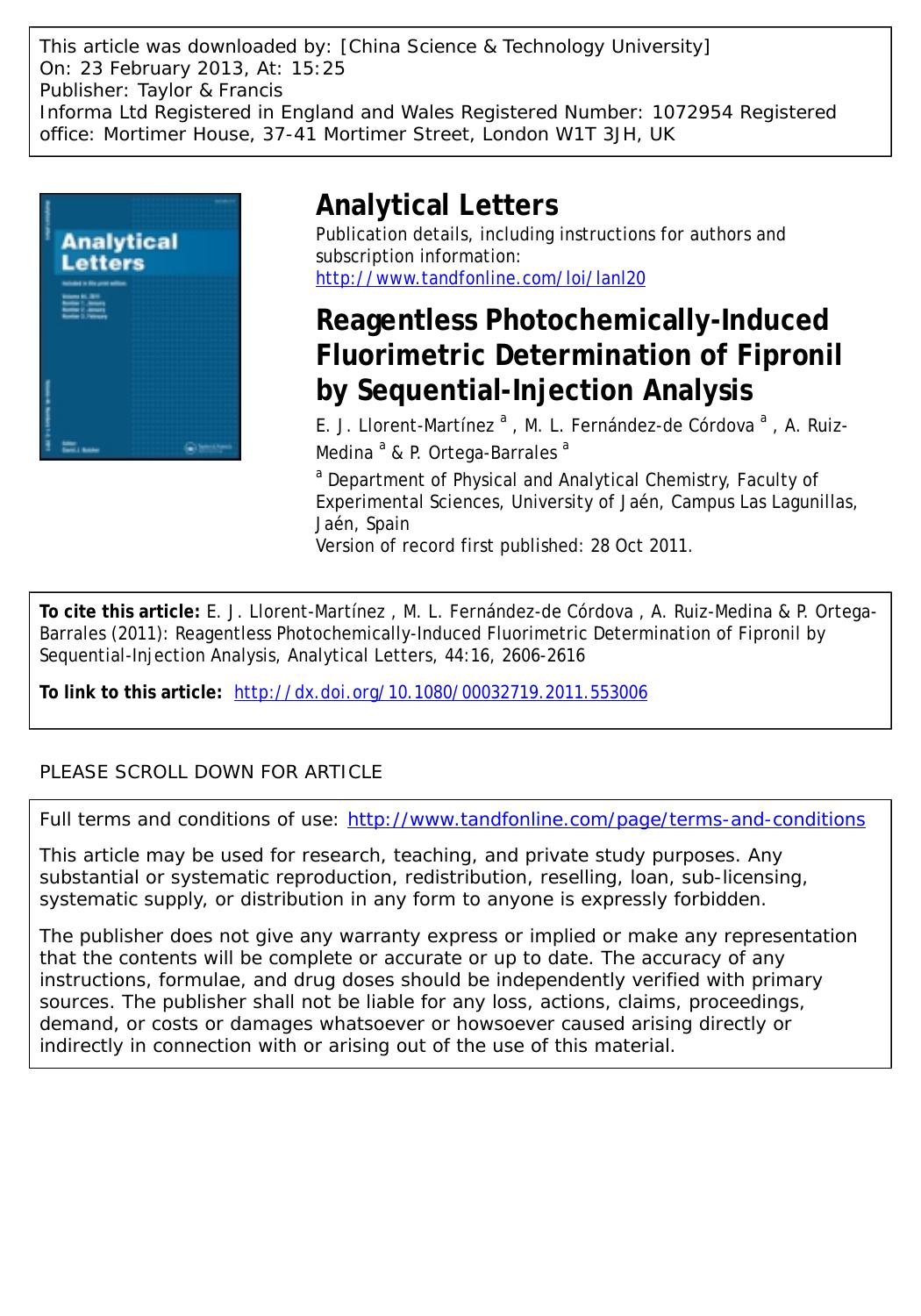 Reagentless Photochemically-Induced Fluorimetric Determination of Fipronil by Sequential-Injection Analysis by E. J. Llorent-Martínez M. L. Fernández-de Córdova A. Ruiz-Medina & P. Ortega-Barrales