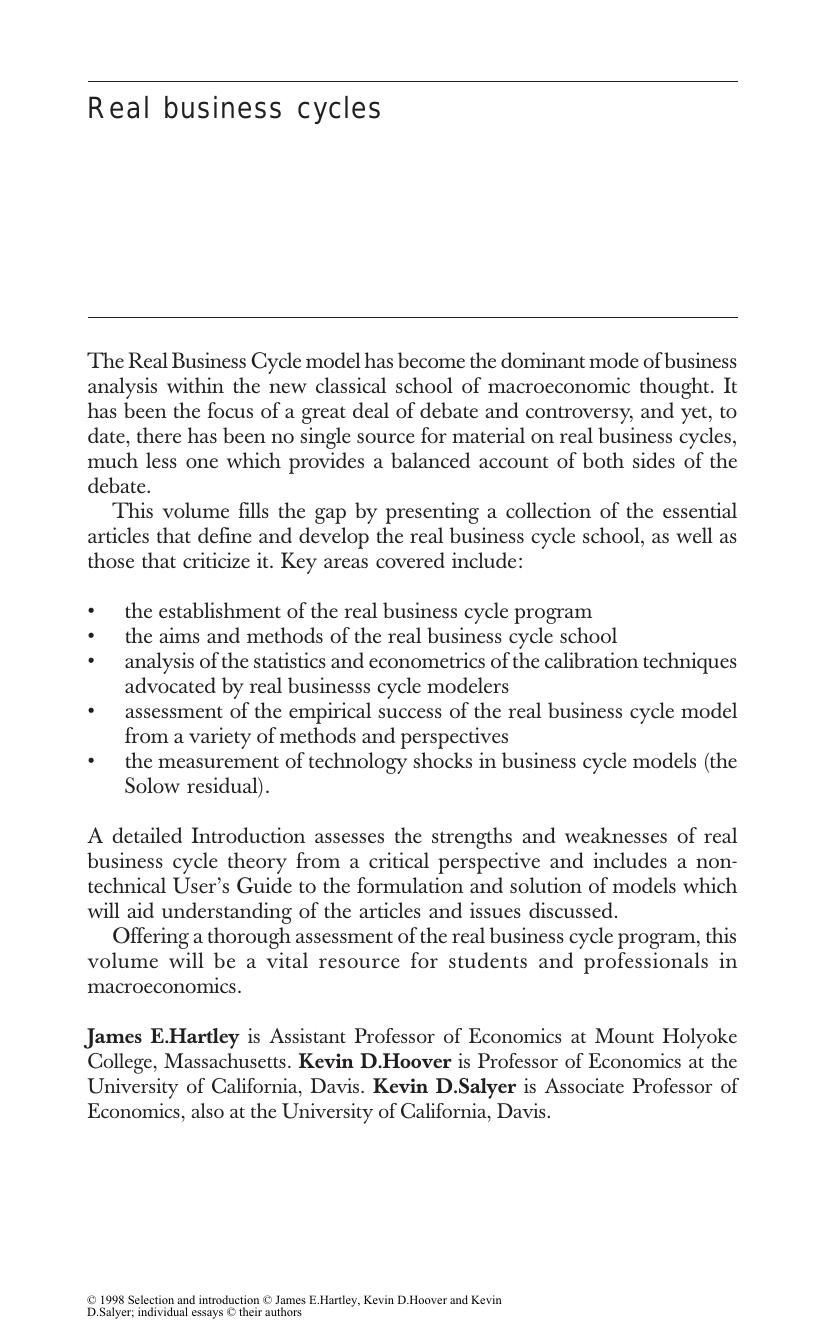 Real Business Cycles: A Reader by James Hartley