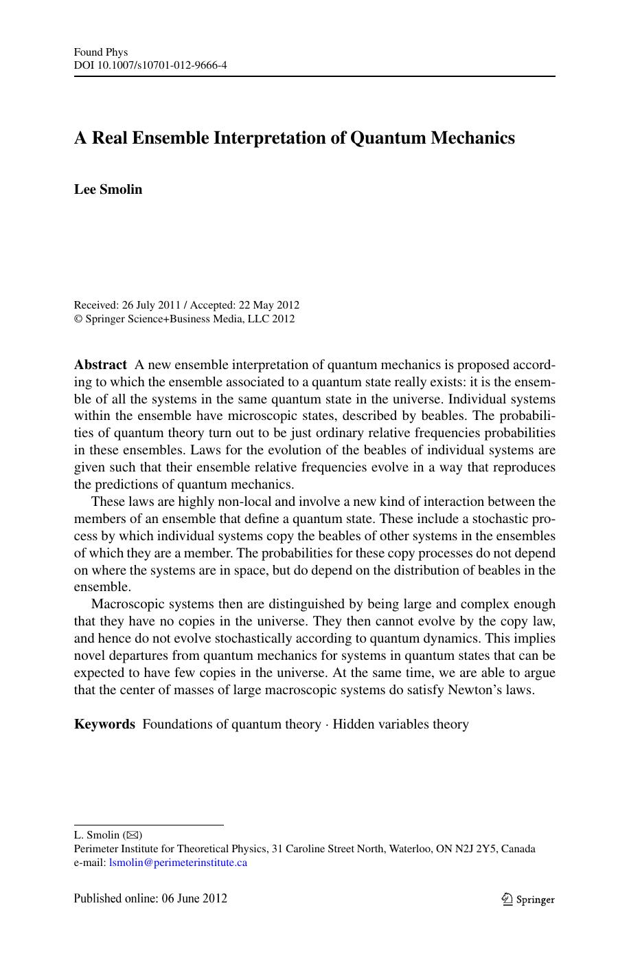 Real Ensemble Interpretation of Quantum Mechanics (2012) by Unknown