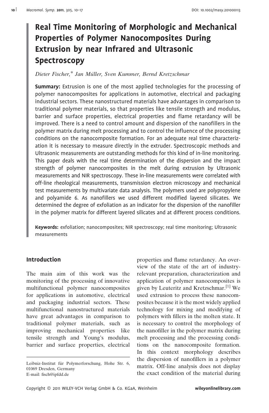 Real Time Monitoring of Morphologic and Mechanical Properties of Polymer Nanocomposites During Extrusion by near Infrared and Ultrasonic Spectroscopy by Unknown