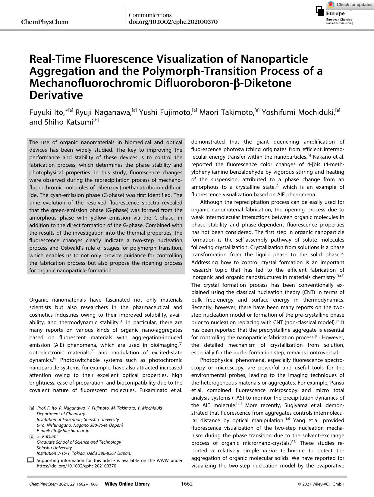 RealâTime Fluorescence Visualization of Nanoparticle Aggregation and the PolymorphâTransition Process of a Mechanofluorochromic DifluoroboronâÎ²âDiketone Derivative by Unknown