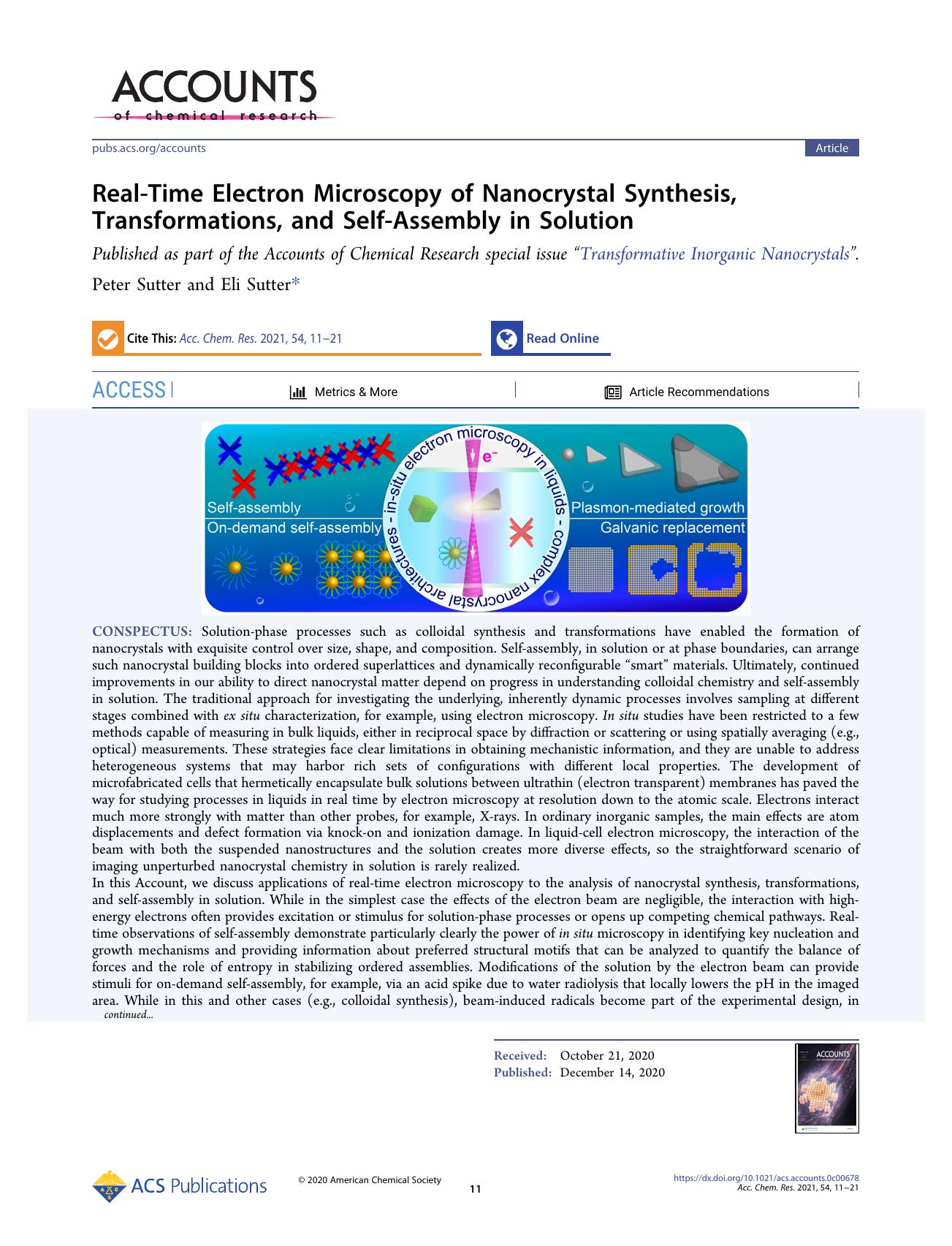 Real-Time Electron Microscopy of Nanocrystal Synthesis, Transformations, and Self-Assembly in Solution by Peter Sutter; Eli Sutter