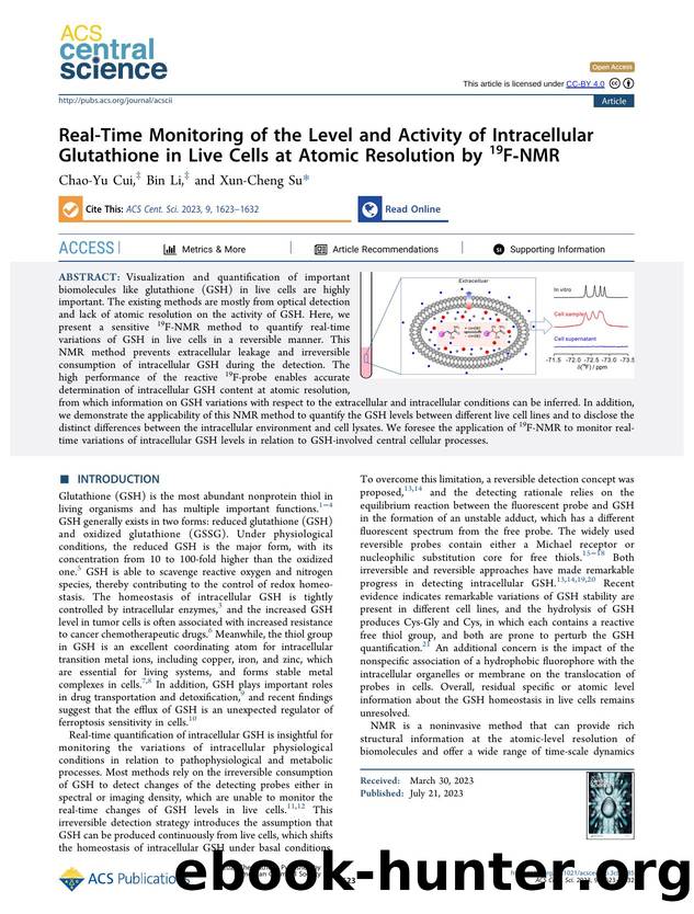 Real-Time Monitoring of the Level and Activity of Intracellular Glutathione in Live Cells at Atomic Resolution by 19FâNMR by Chao-Yu Cui & Bin Li & Xun-Cheng Su (ORCID: g/0000-0003-3051-0047)