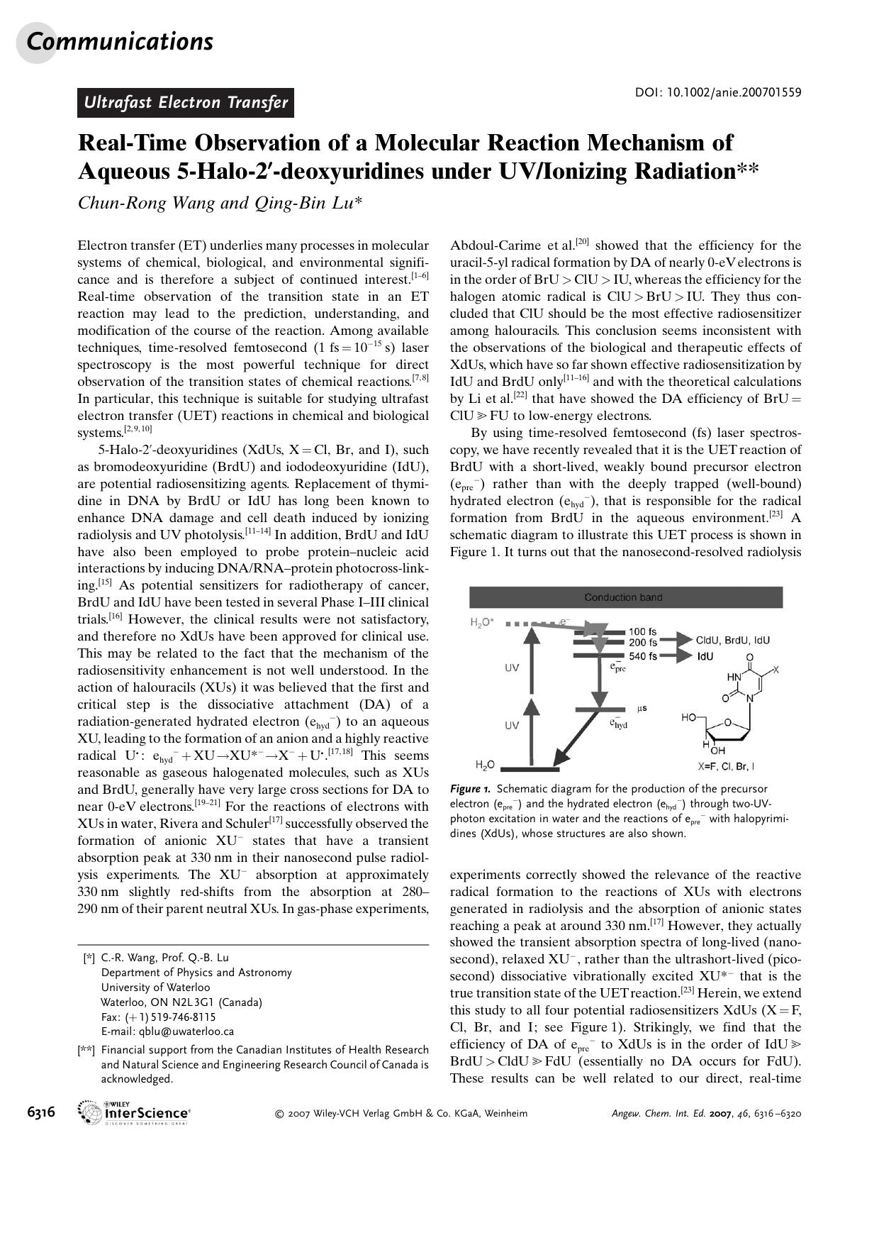 Real-Time Observation of a Molecular Reaction Mechanism of Aqueous 5-Halo-2[prime]-deoxyuridines under UVIonizing Radiation by Unknown