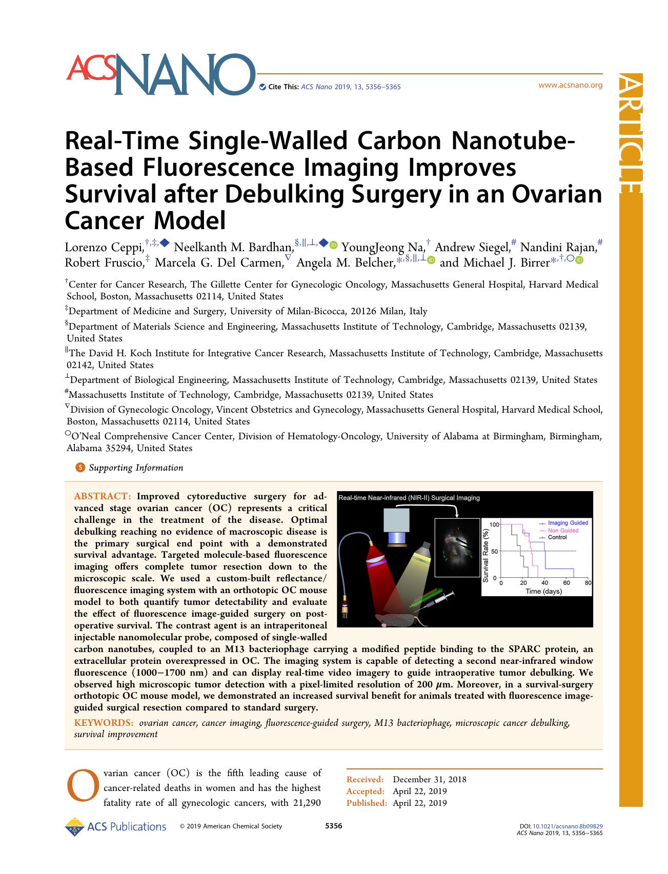 Real-Time Single-Walled Carbon Nanotube-Based Fluorescence Imaging Improves Survival after Debulking Surgery in an Ovarian Cancer Model by unknow