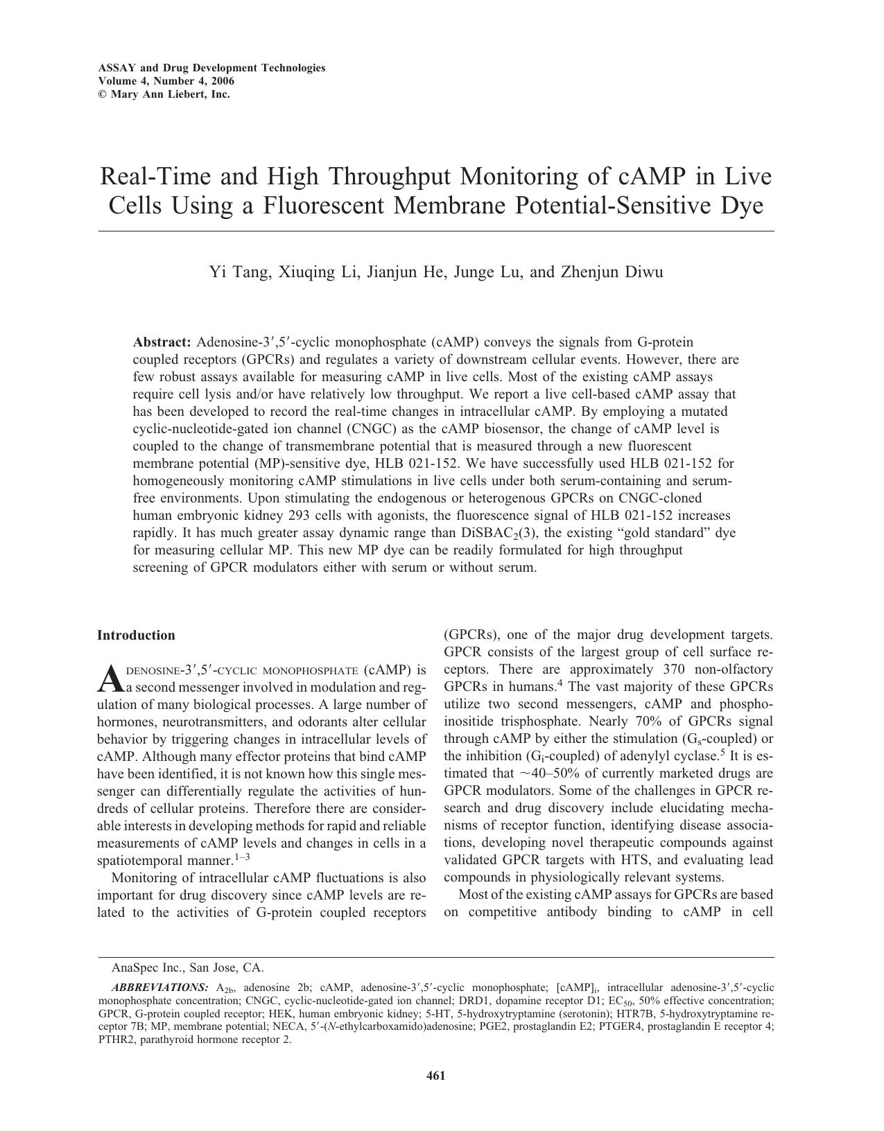 Real-Time and High Throughput Monitoring of cAMP in Live Cells Using a Fluorescent Membrane Potential-Sensitive Dye by Yi Tang Xiuqing Li Jianjun He Junge Lu Zhenjun Diwu Ph.D