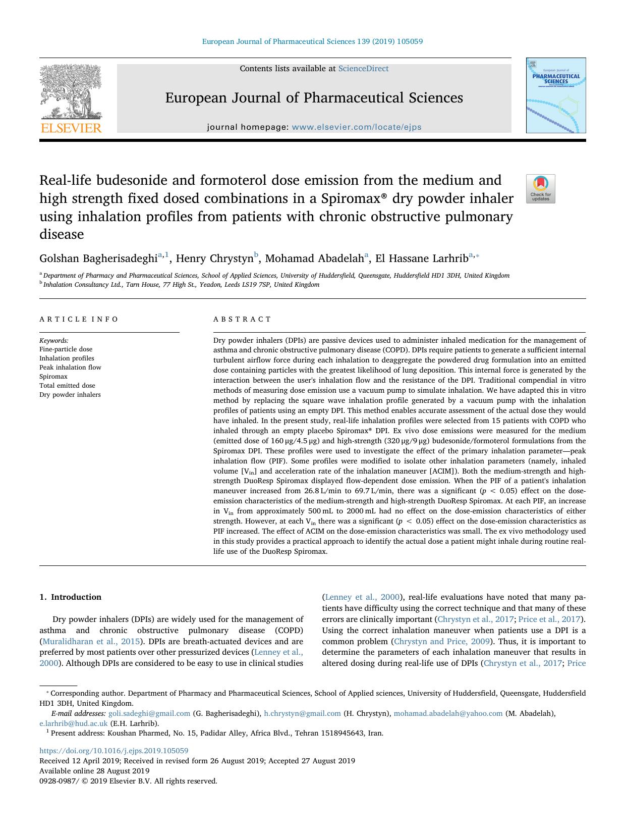 Real-life budesonide and formoterol dose emission from the medium and high strength fixed dosed combinations in a SpiromaxÂ® dry powder inhaler using inhalation profiles from patie by Golshan Bagherisadeghi & Henry Chrystyn & Mohamad Abadelah & El Hassane Larhrib