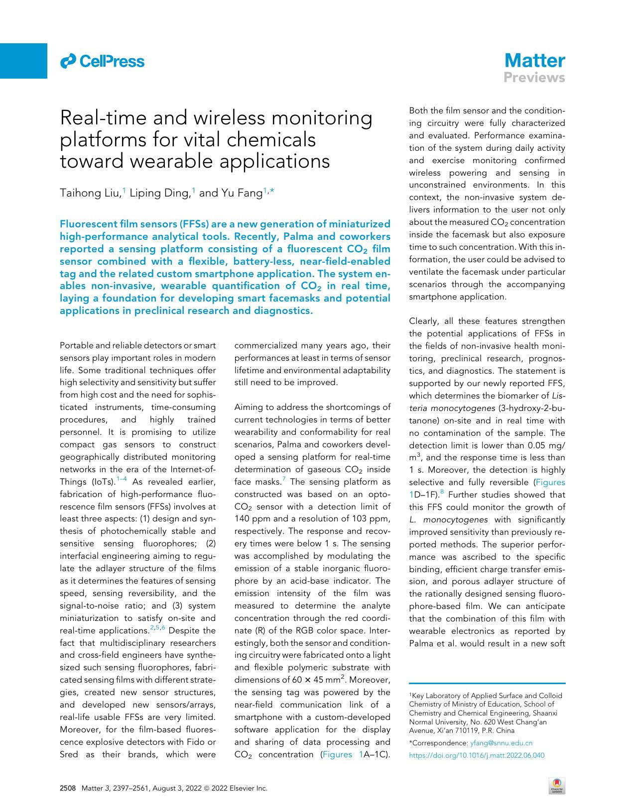 Real-time and wireless monitoring platforms for vital chemicals towards wearable applications by Taihong Liu & Liping Ding & Yu Fang