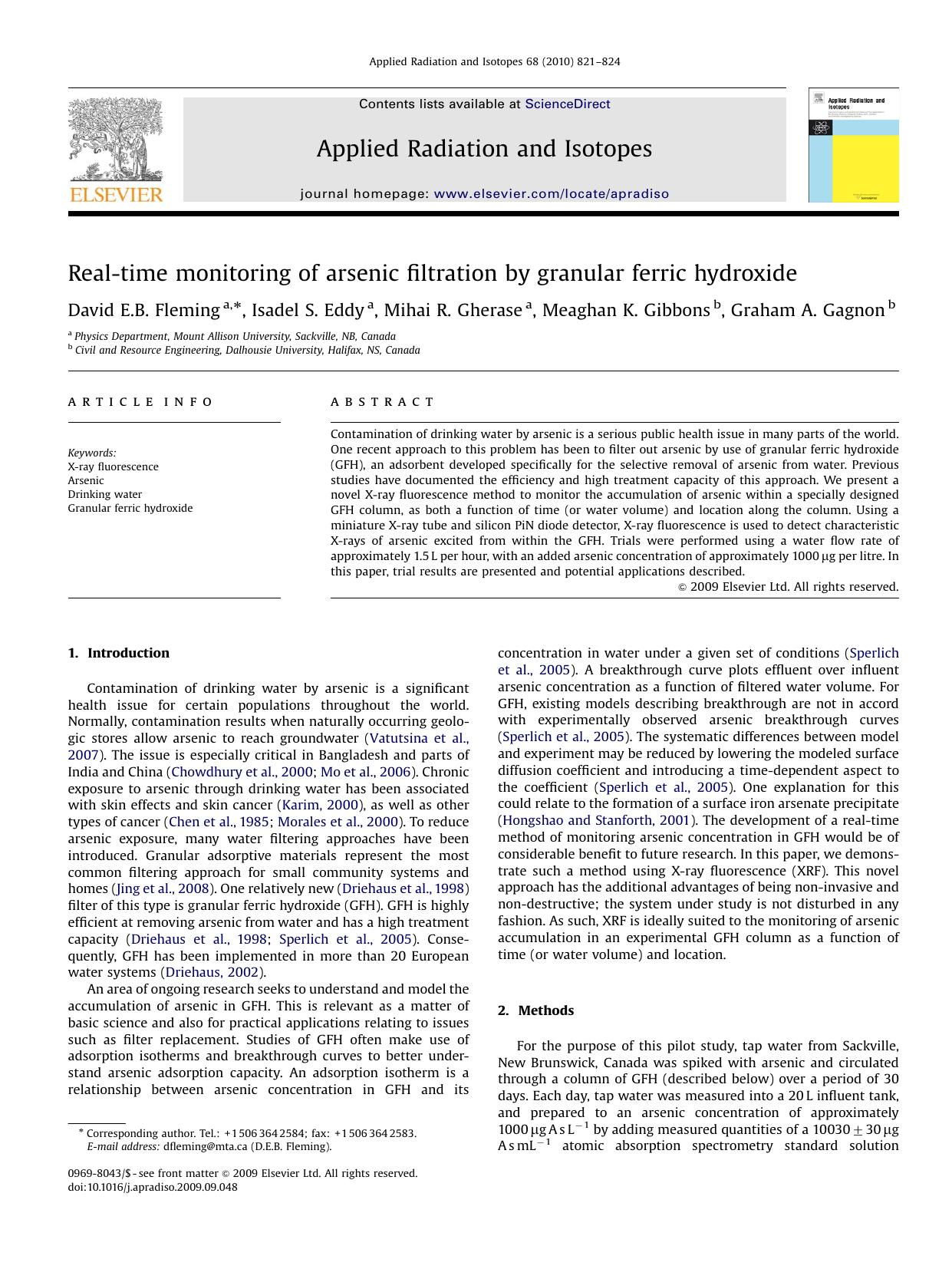 Real-time monitoring of arsenic filtration by granular ferric hydroxide by David E.B. Fleming; Isadel S. Eddy; Mihai R. Gherase; Meaghan K. Gibbons; Graham A. Gagnon