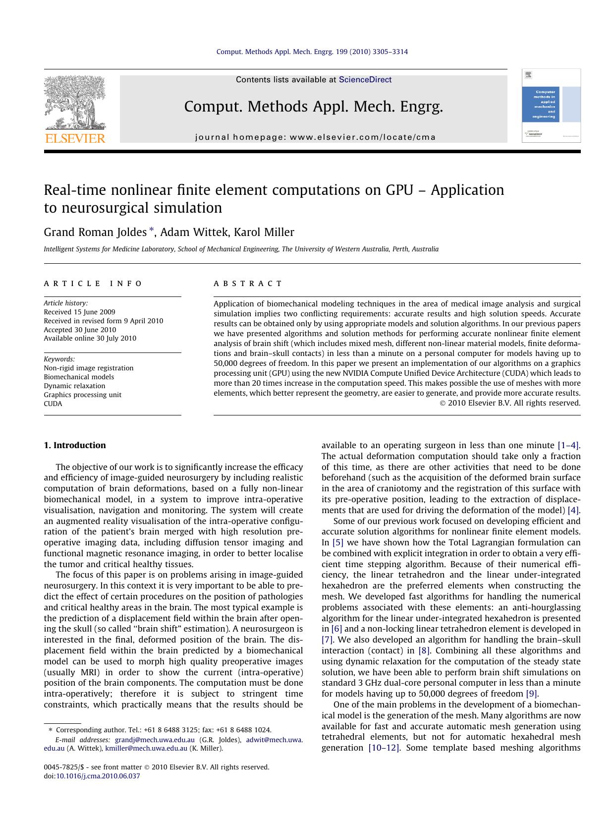 Real-time nonlinear finite element computations on GPU Ã¢â¬â Application to neurosurgical simulation by Grand Roman Joldes & Adam Wittek & Karol Miller