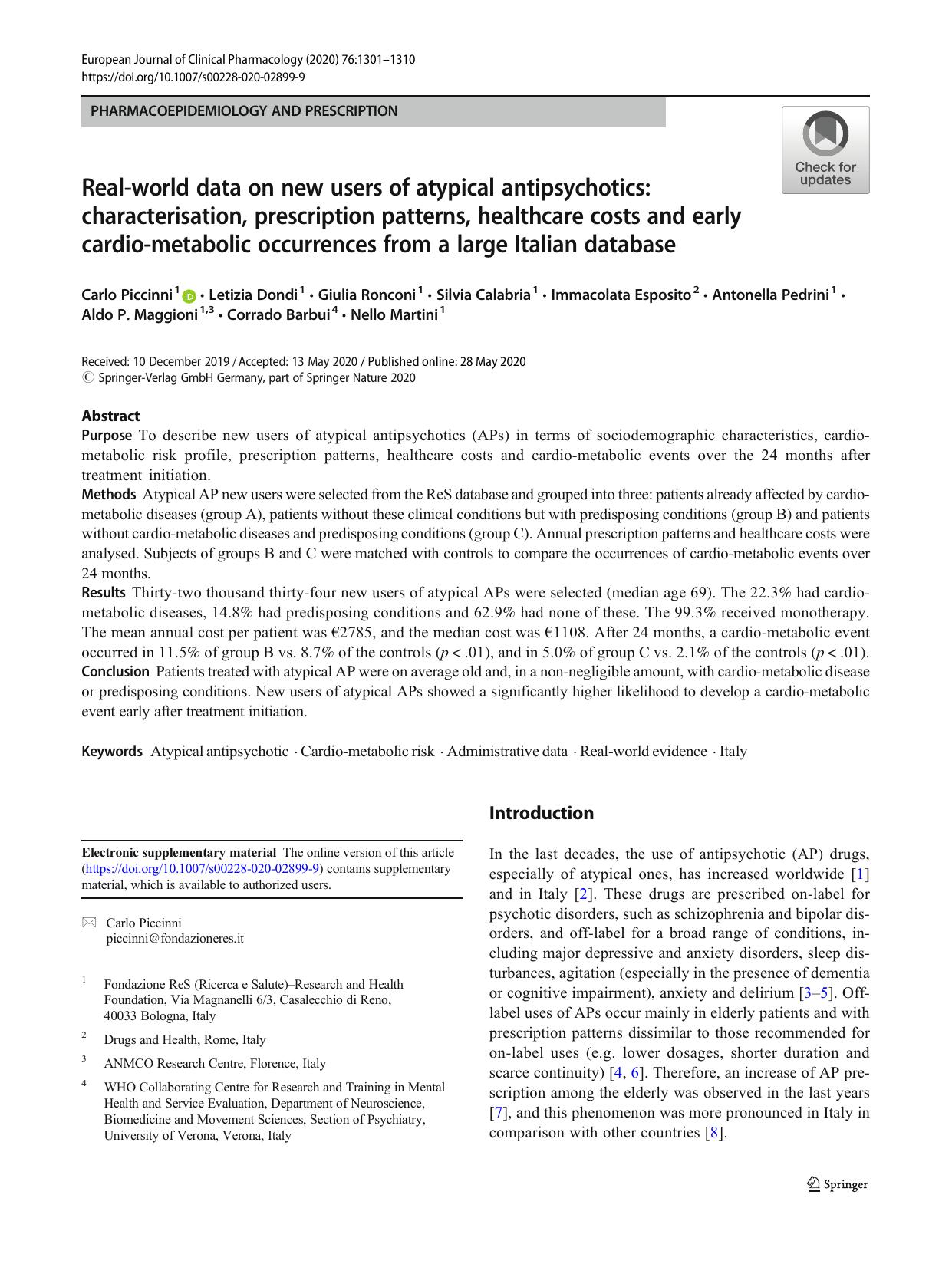Real-world data on new users of atypical antipsychotics: characterisation, prescription patterns, healthcare costs and early cardio-metabolic occurrences from a large Italian database by unknow