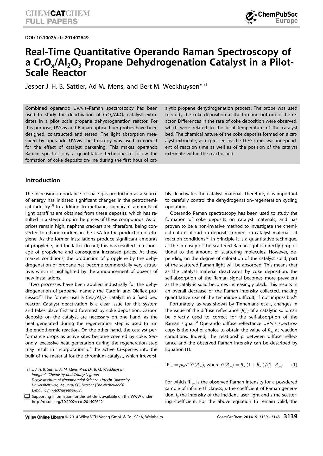 RealTime Quantitative Operando Raman Spectroscopy of a CrOxAl2O3 Propane Dehydrogenation Catalyst in a PilotScale Reactor by Unknown