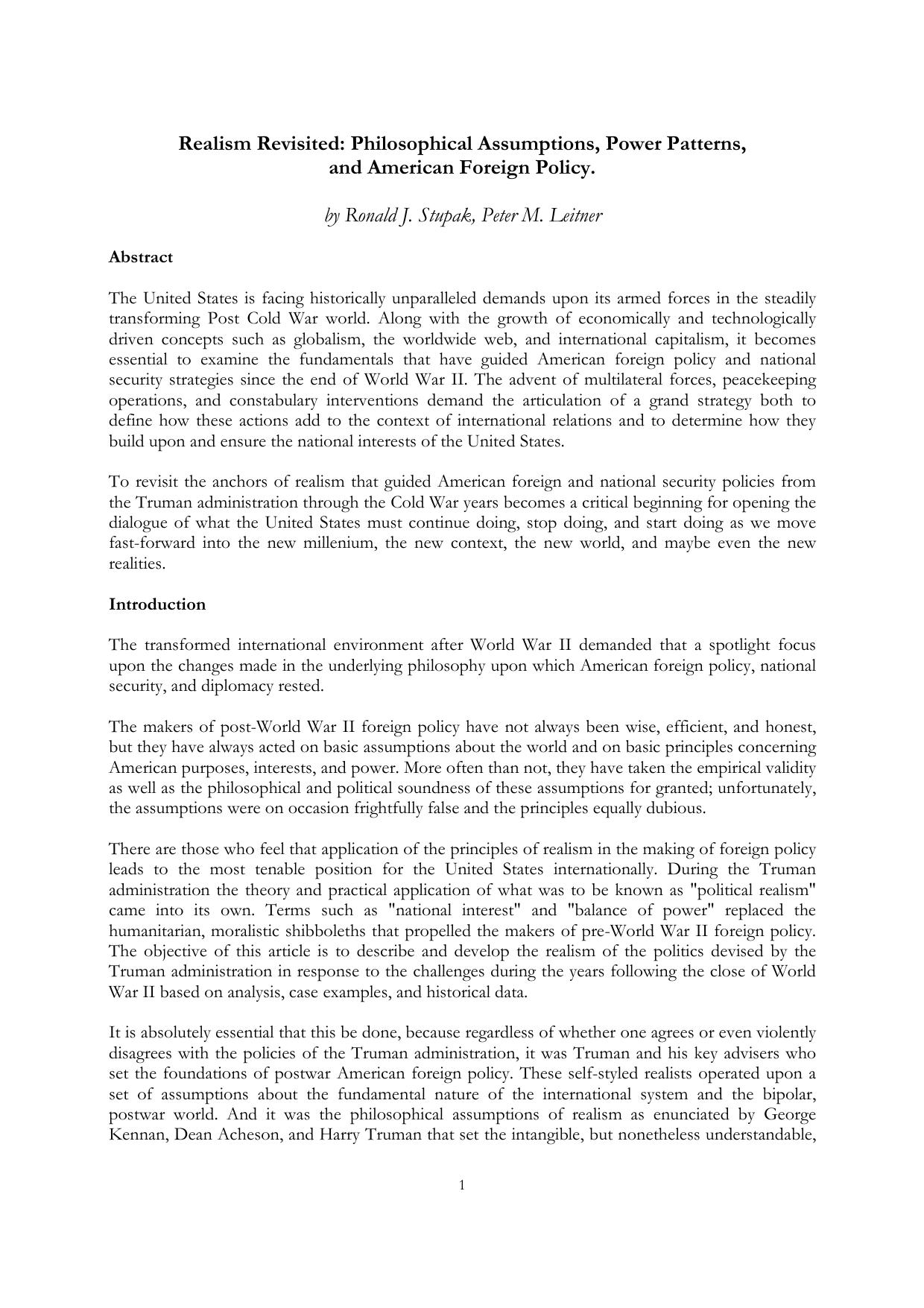 Realism Revisited: Philosophical Assumptions, Power Patterns, and American Foreign Policy by Ronald J. Stupak Peter M. Leitner