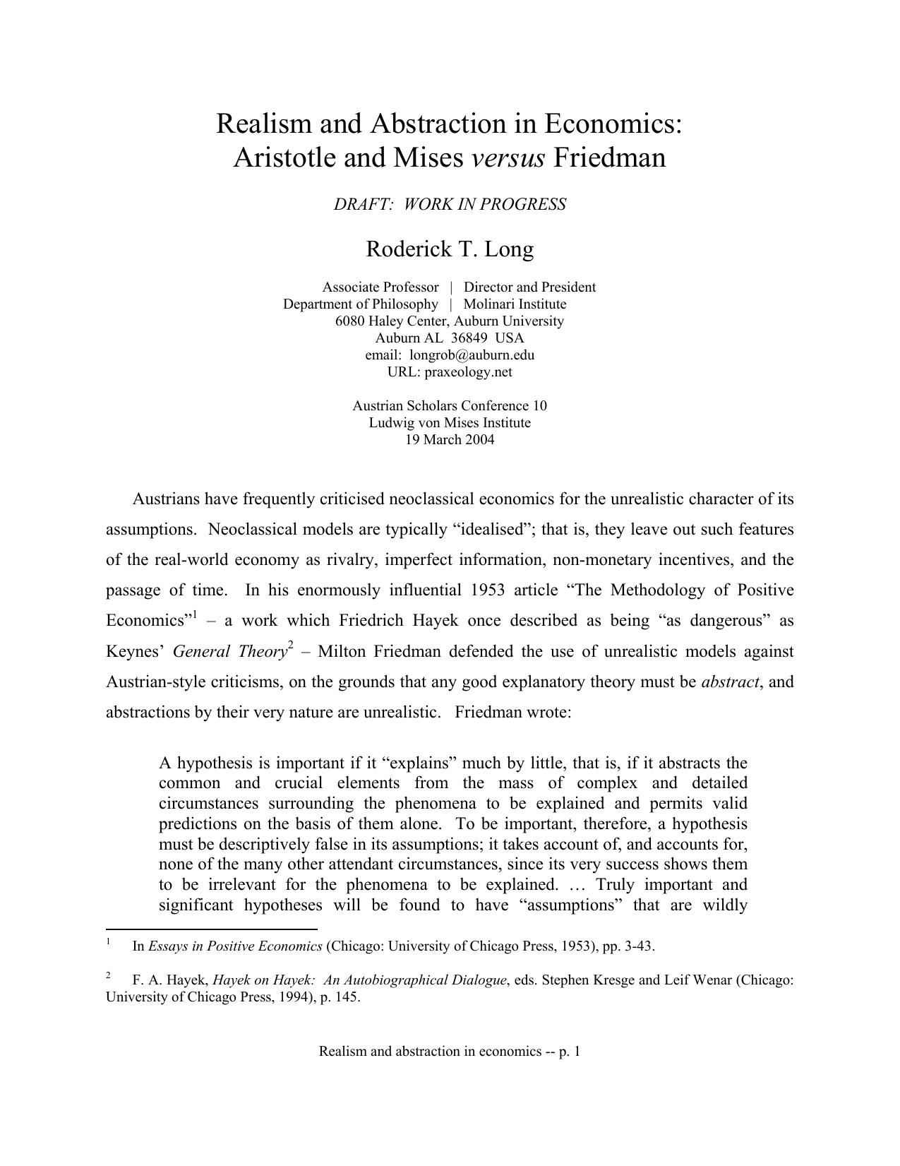Realism and Abstraction in Economics: Aristotle and Mises versus Friedman by Roderick T. Long