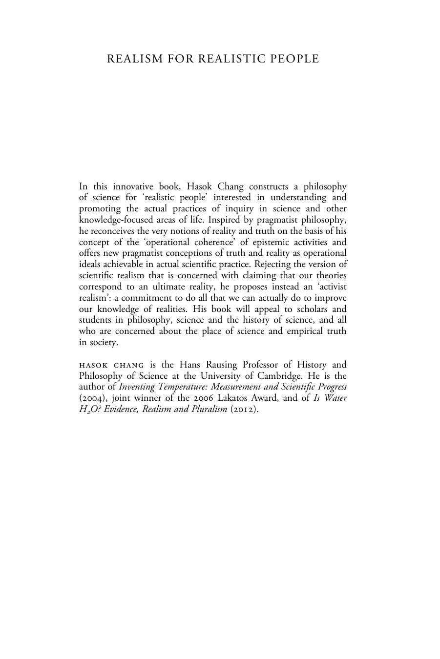 Realism for Realistic People: A New Pragmatist Philosophy of Science by Hasok Chang