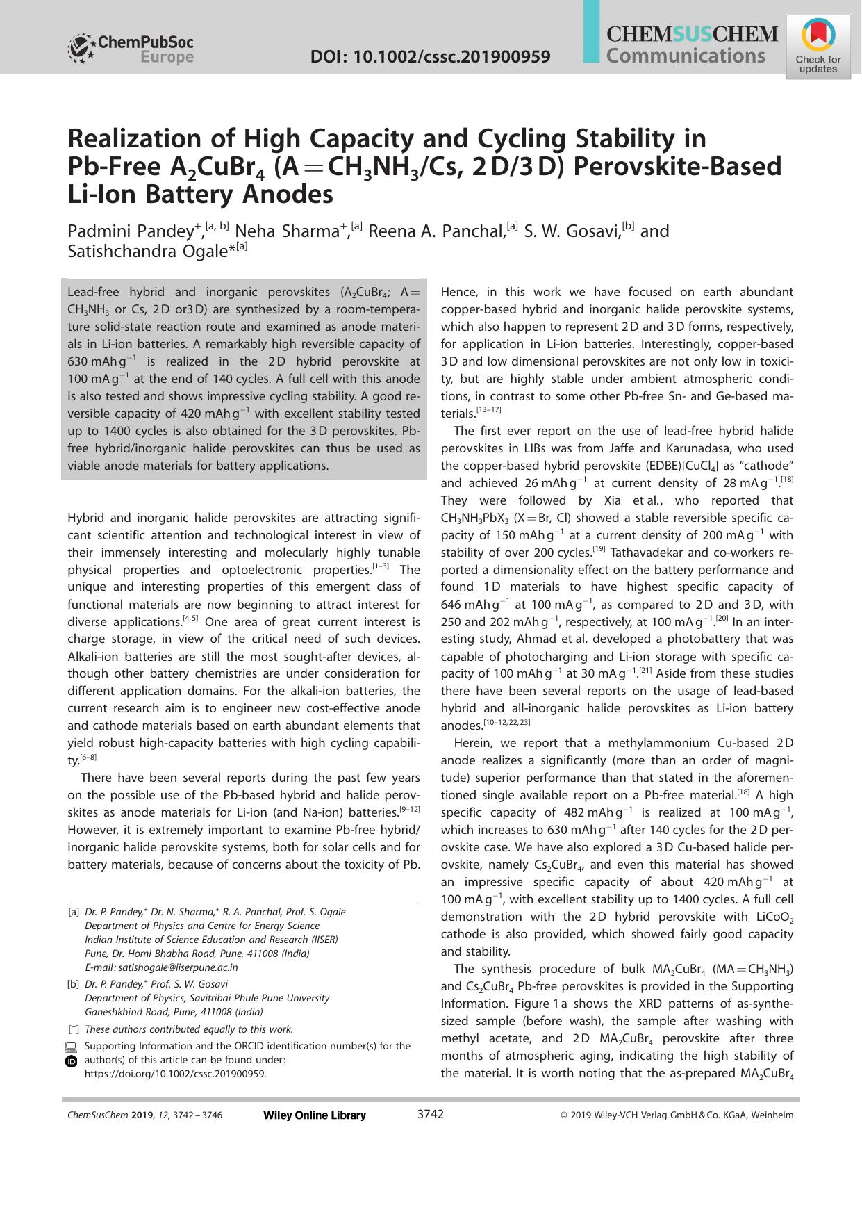 Realization of High Capacity and Cycling Stability in PbâFree A2CuBr4 (A=CH3NH3Cs, 2âD3âD) PerovskiteâBased LiâIon Battery Anodes by Unknown
