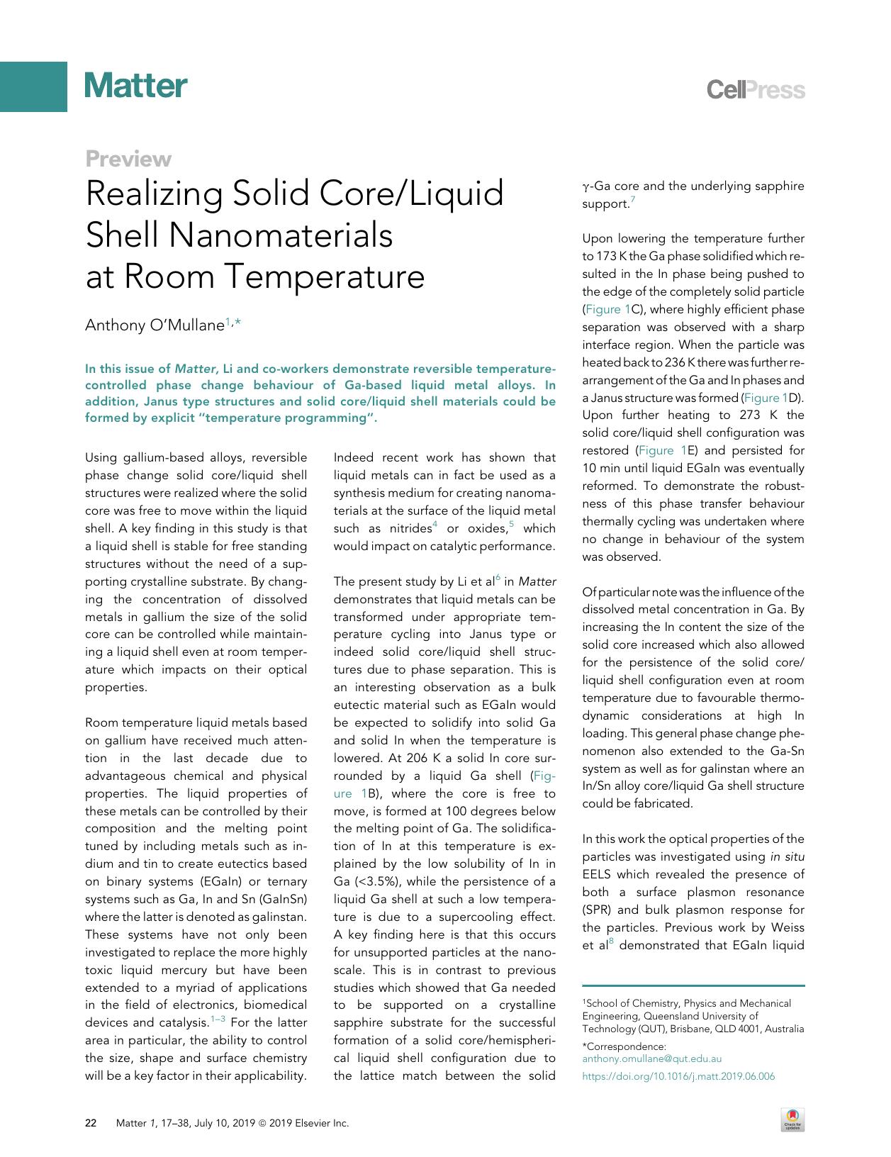 Realizing Solid CoreLiquid Shell Nanomaterials at Room Temperature by Anthony O’Mullane
