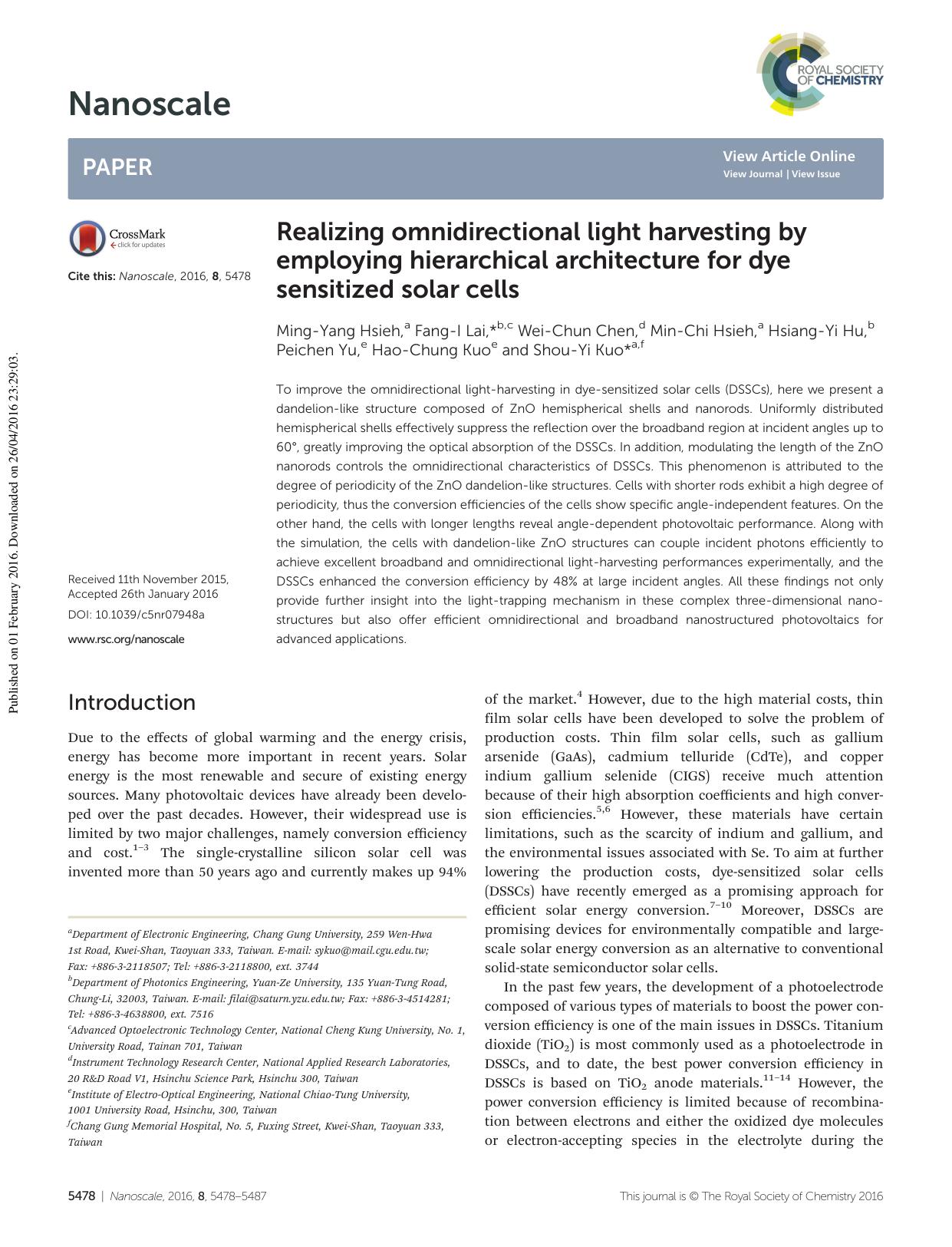 Realizing omnidirectional light harvesting by employing hierarchical architecture for dye sensitized solar cells by unknow