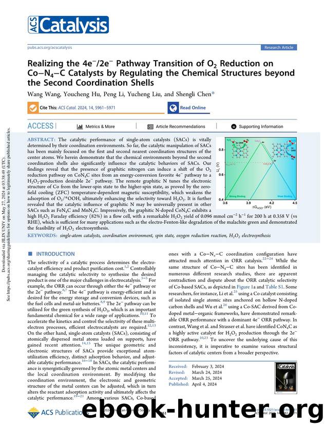 Realizing the 4eâ2eâ Pathway Transition of O2 Reduction on CoâN4âC Catalysts by Regulating the Chemical Structures beyond the Second Coordination Shells by Wang Wang Youcheng Hu Peng Li Yucheng Liu & Shengli Chen