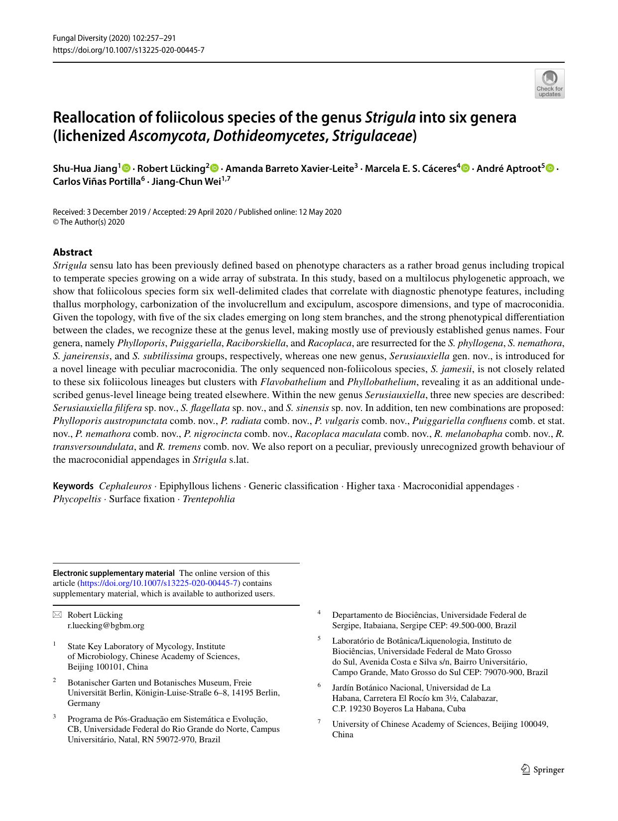 Reallocation of foliicolous species of the genus Strigula into six genera (lichenized Ascomycota, Dothideomycetes, Strigulaceae) by unknow