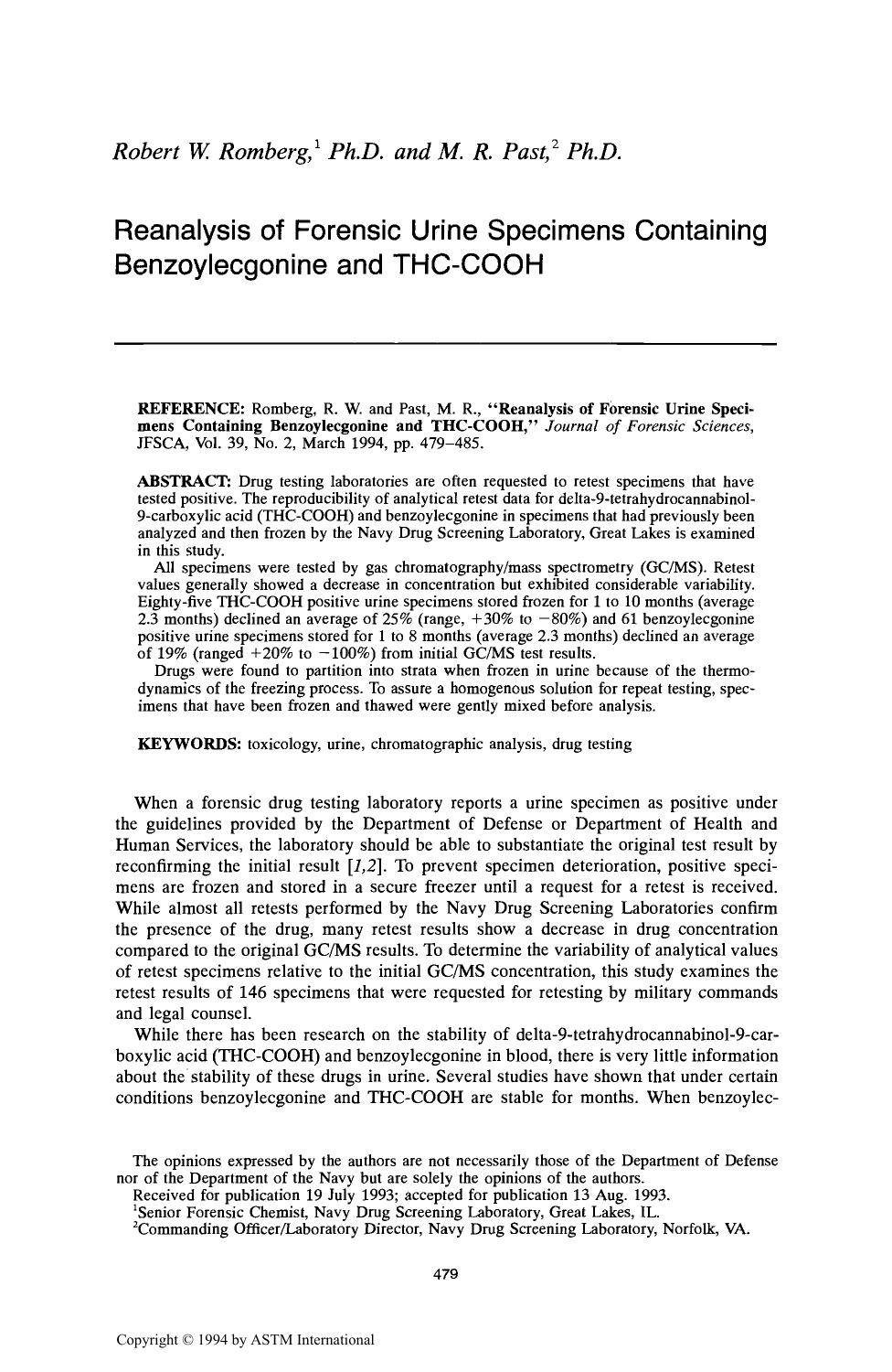 Reanalysis of Forensic Urine Specimens Containing Benzoylecgonine and THC-COOH by Romberg RW Past MR