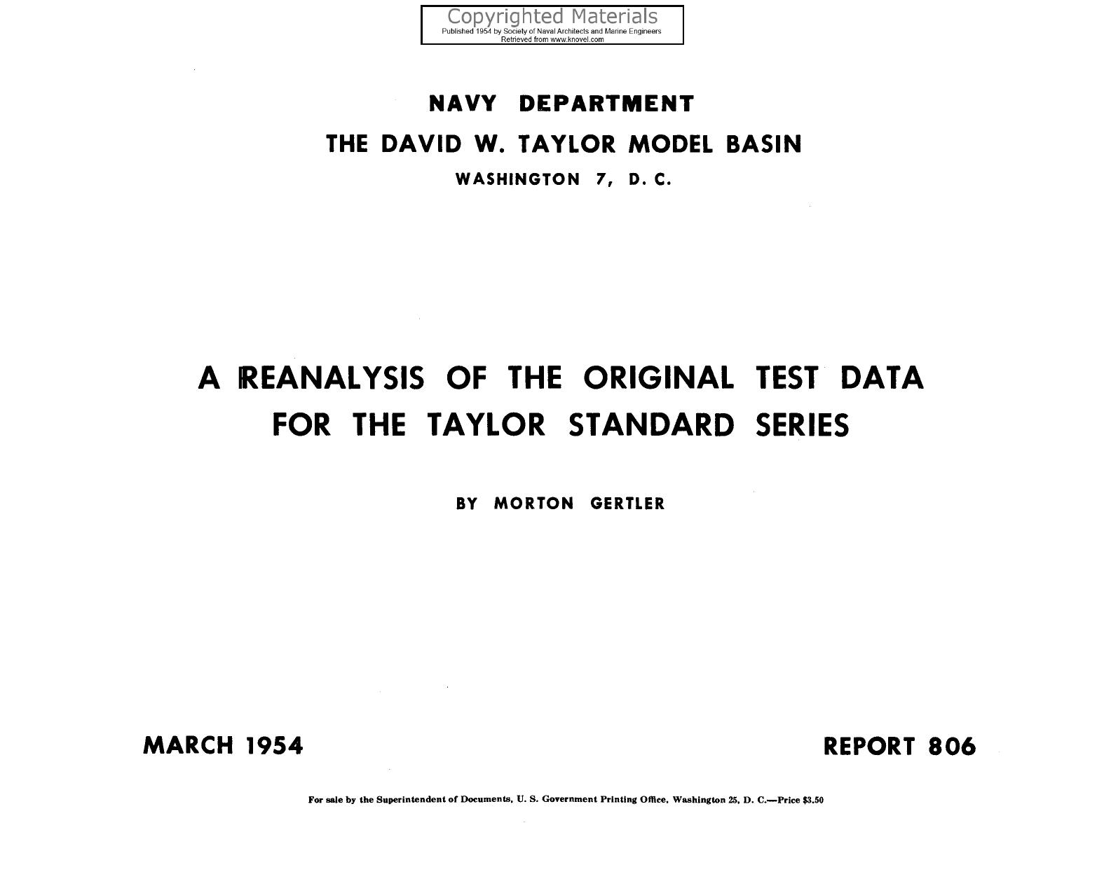 Reanalysis of the Original Test Data for the Taylor Standard Series: U.S. Navy Department by Gertler Morton
