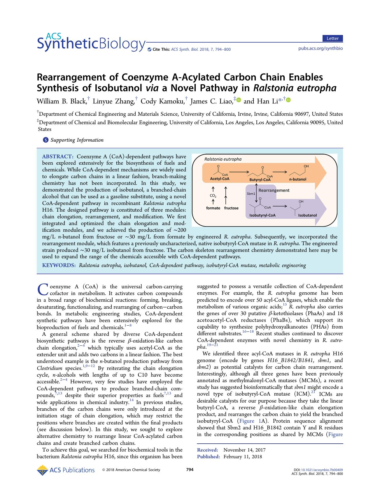 Rearrangement of Coenzyme A-Acylated Carbon Chain Enables Synthesis of Isobutanol via a Novel Pathway in Ralstonia eutropha by William B. Black Linyue Zhang Cody Kamoku James C. Liao and Han Li