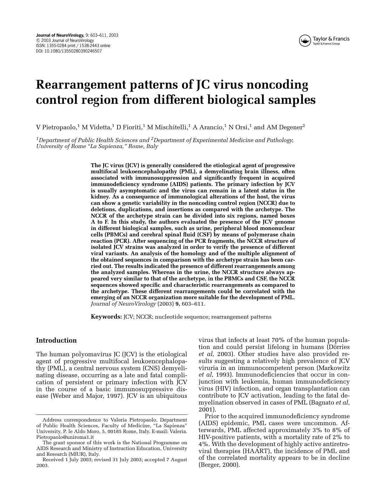 Rearrangement patterns of JC virus noncoding control region from different biological samples by Unknown