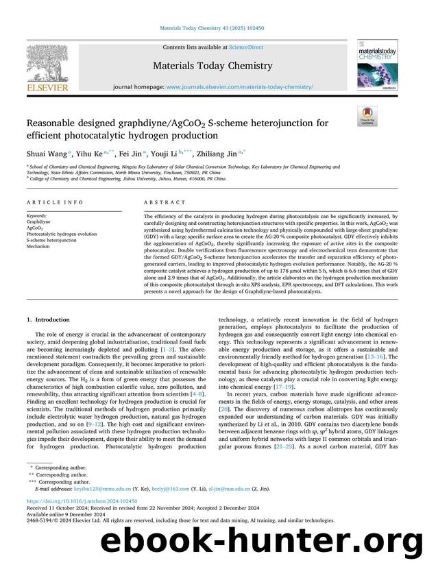 Reasonable designed graphdiyneAgCoO2 S-scheme heterojunction for efficient photocatalytic hydrogen production by Shuai Wang & Yihu Ke & Fei Jin & Youji Li & Zhiliang Jin