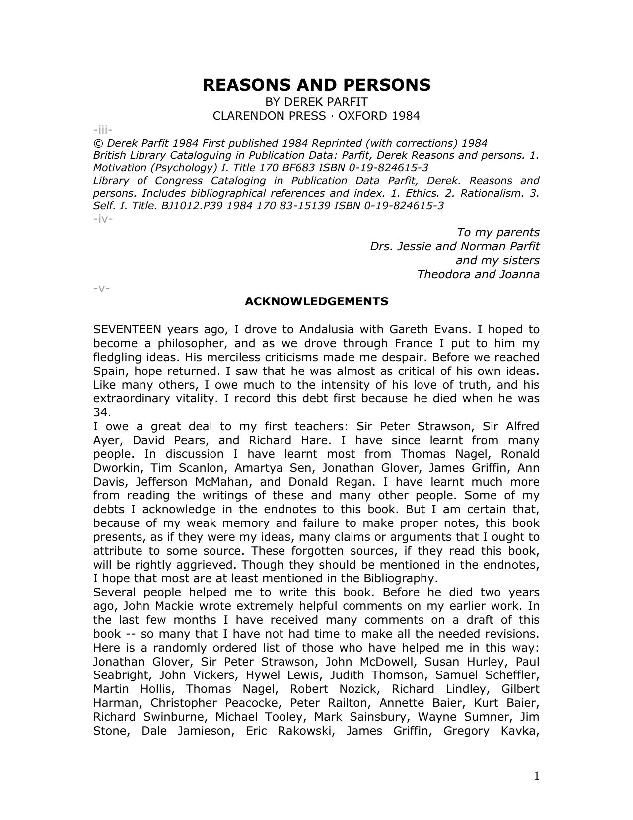 Reasons and Persons by Derek Parfit