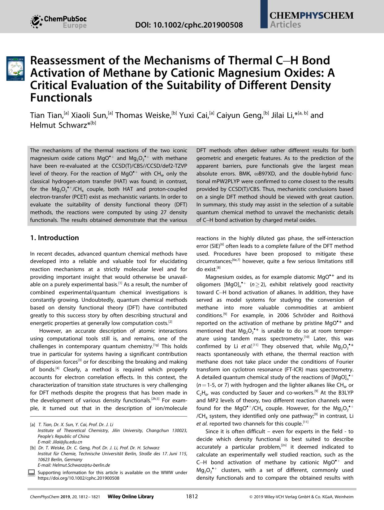 Reassessment of the Mechanisms of Thermal CâH Bond Activation of Methane by Cationic Magnesium Oxides: A Critical Evaluation of the Suitability of Different Density Functionals by Unknown