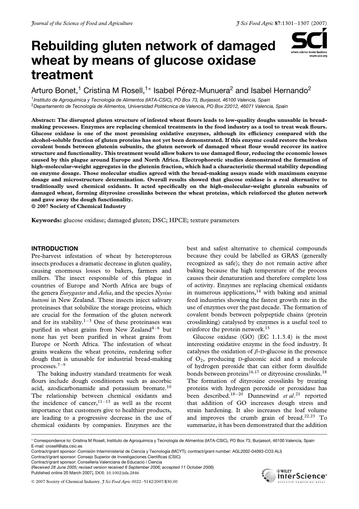Rebuilding gluten network of damaged wheat by means of glucose oxidase treatment by Unknown
