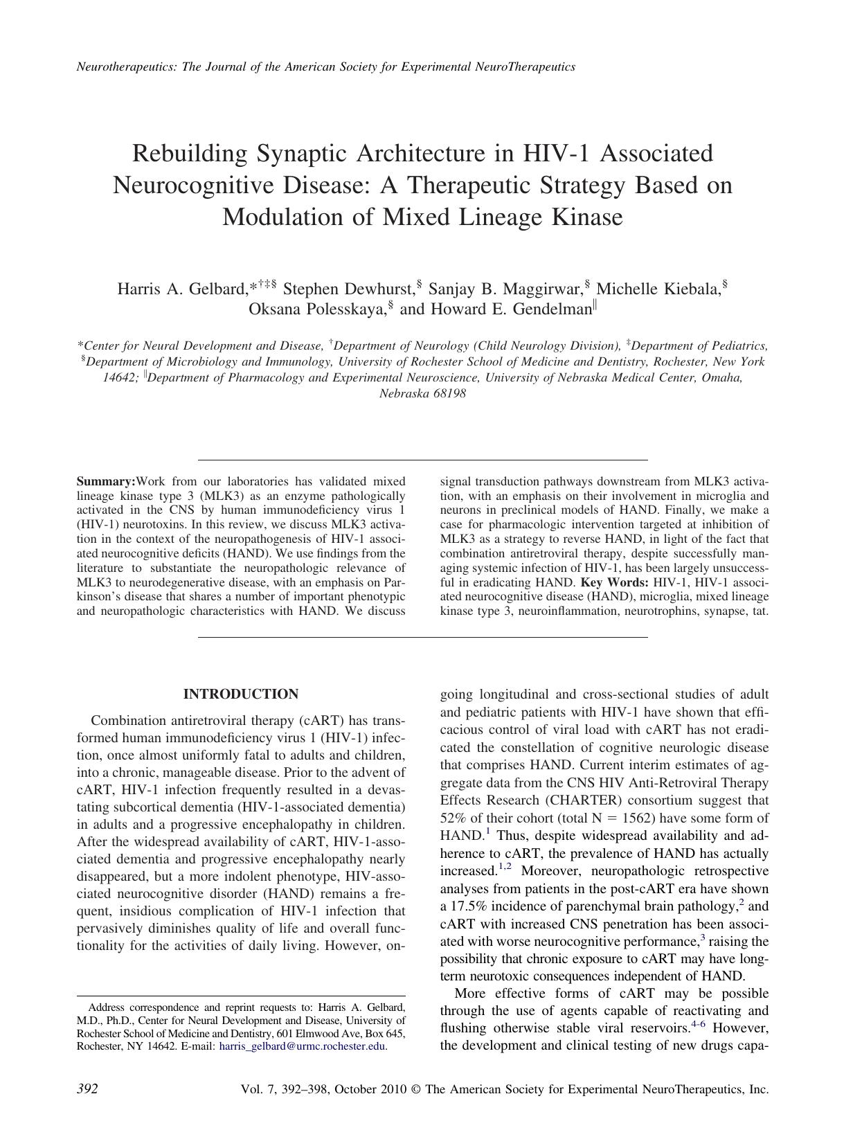 Rebuilding synaptic architecture in HIV-1 associated neurocognitive disease: A therapeutic strategy based on modulation of mixed lineage kinase by Unknown