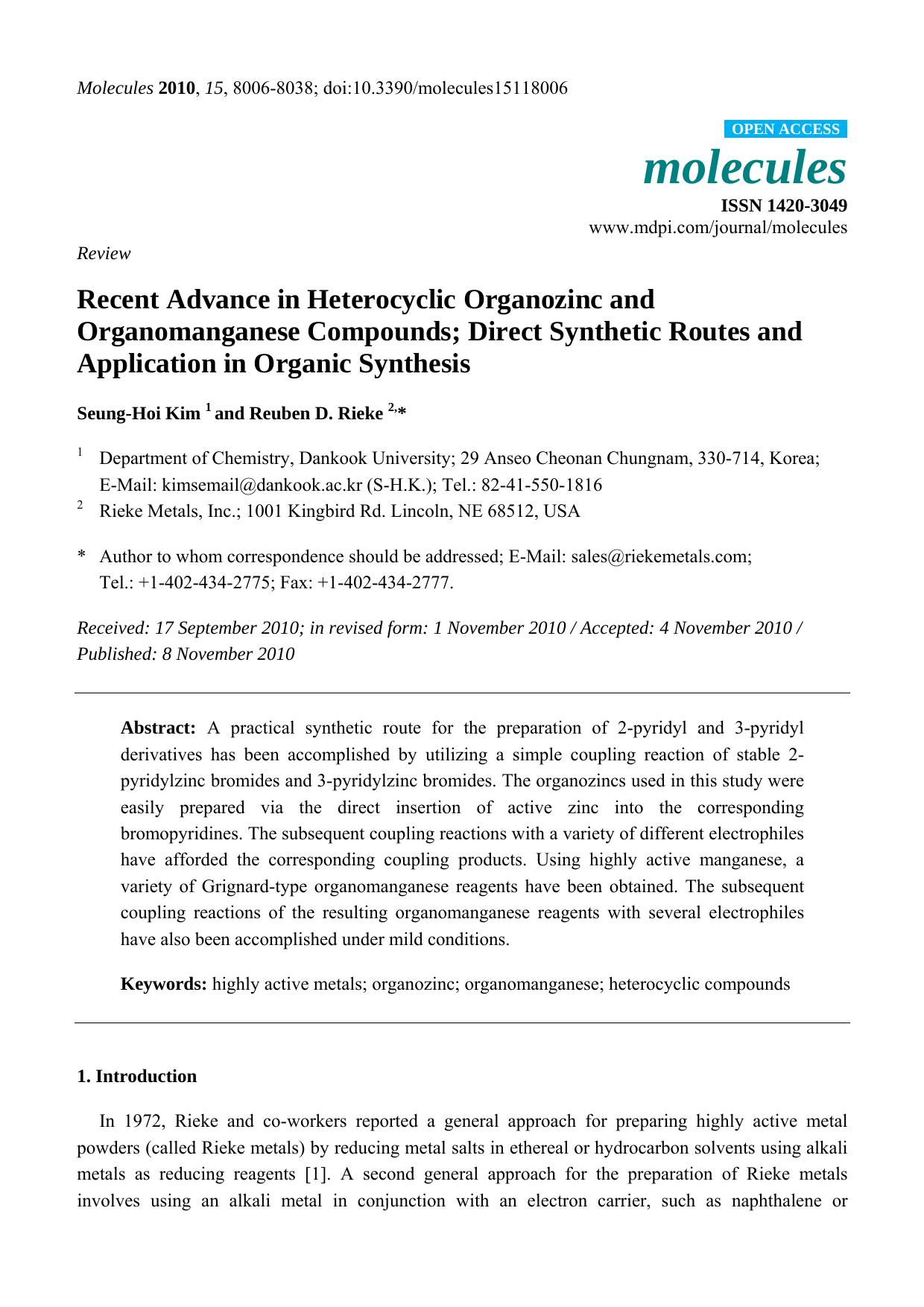 Recent Advance in Heterocyclic Organozinc and Organomanganese Compounds; Direct Synthetic Routes and Application in Organic Synthesis by Seung-Hoi Kim & Reuben D. Rieke