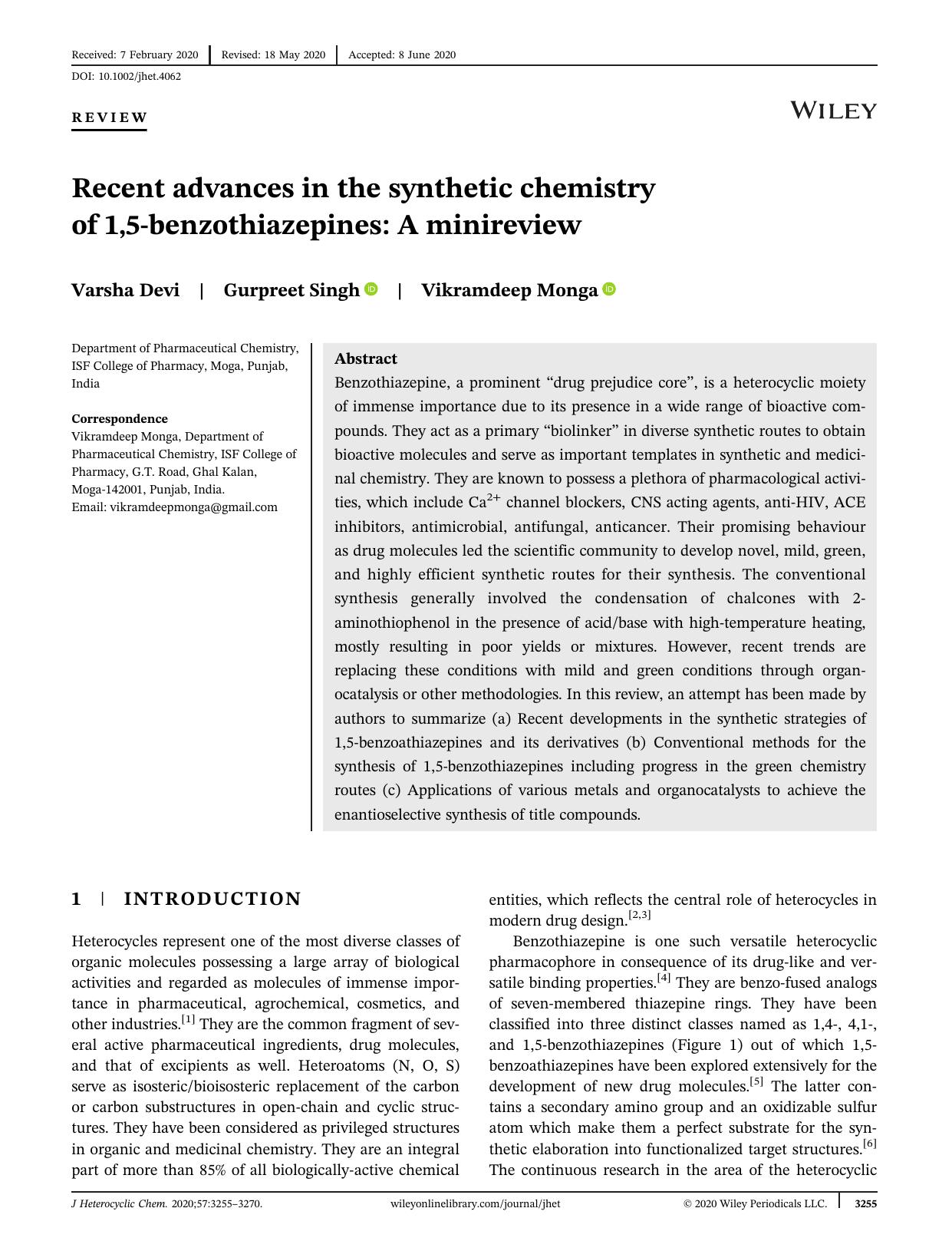 Recent Advance in the Synthetic Chemistry of 1,5-Benzothiazepines: A Minireview by Unknown