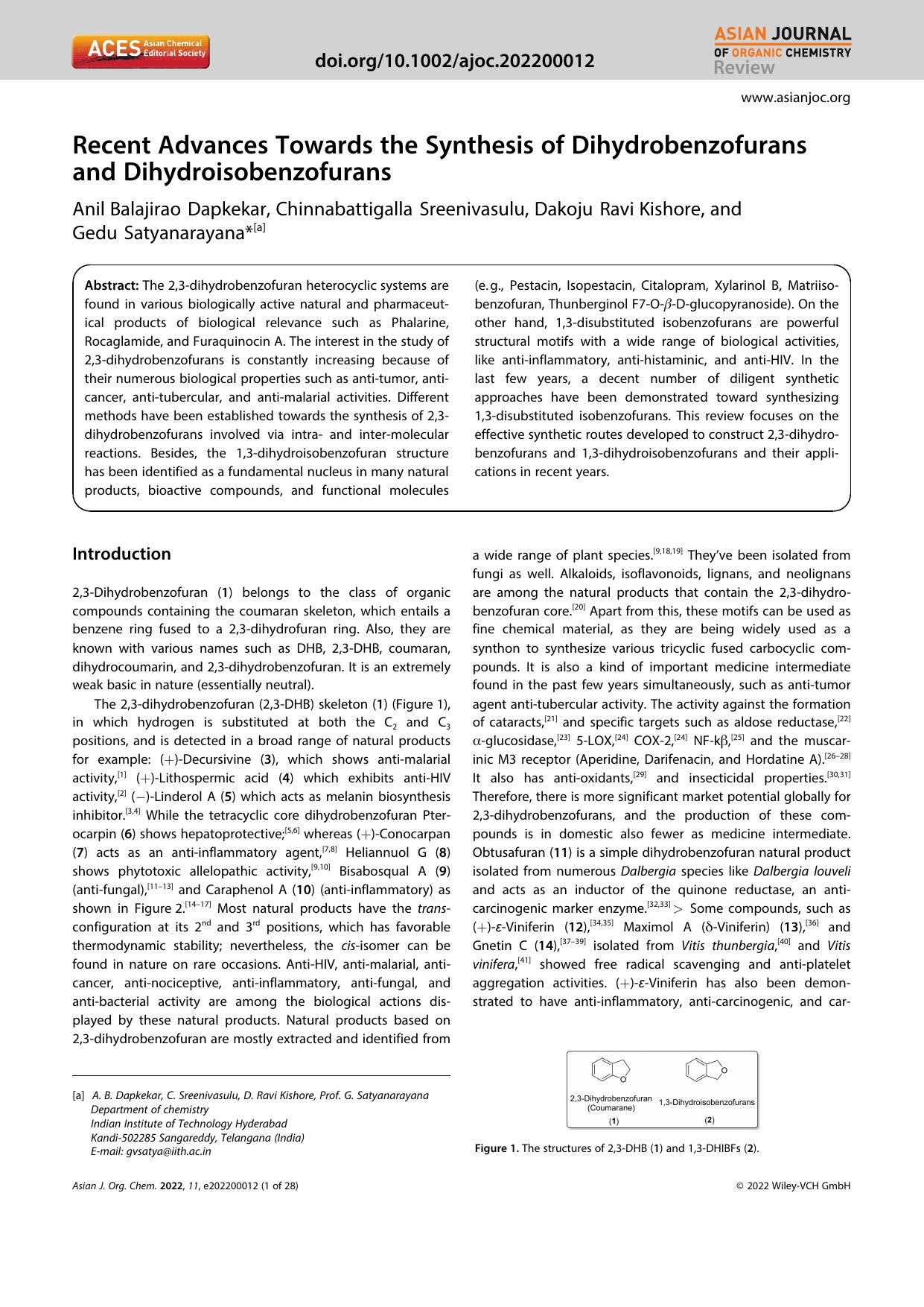 Recent Advances Towards the Synthesis of Dihydrobenzofurans and Dihydroisobenzofurans by Unknown