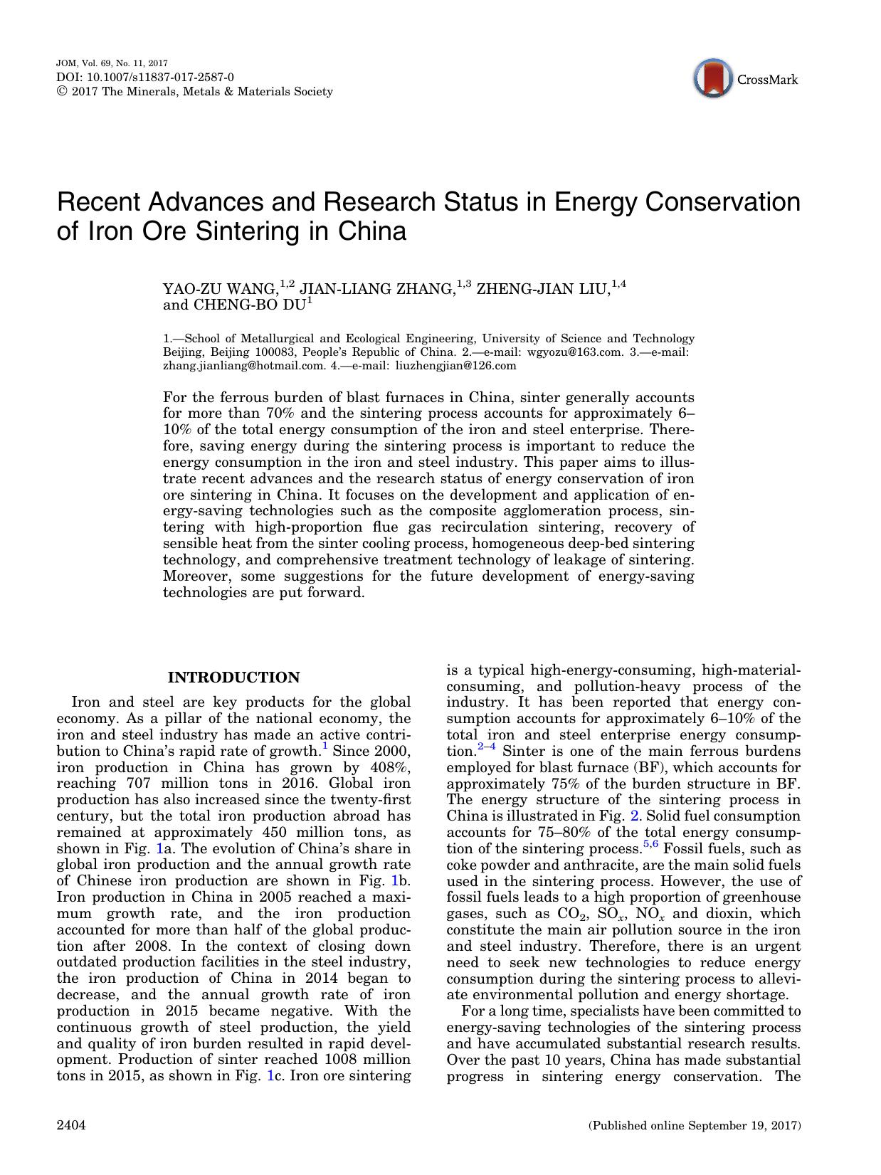 Recent Advances and Research Status in Energy Conservation of Iron Ore Sintering in China by Yao-Zu Wang & Jian-Liang Zhang & Zheng-Jian Liu & Cheng-Bo Du