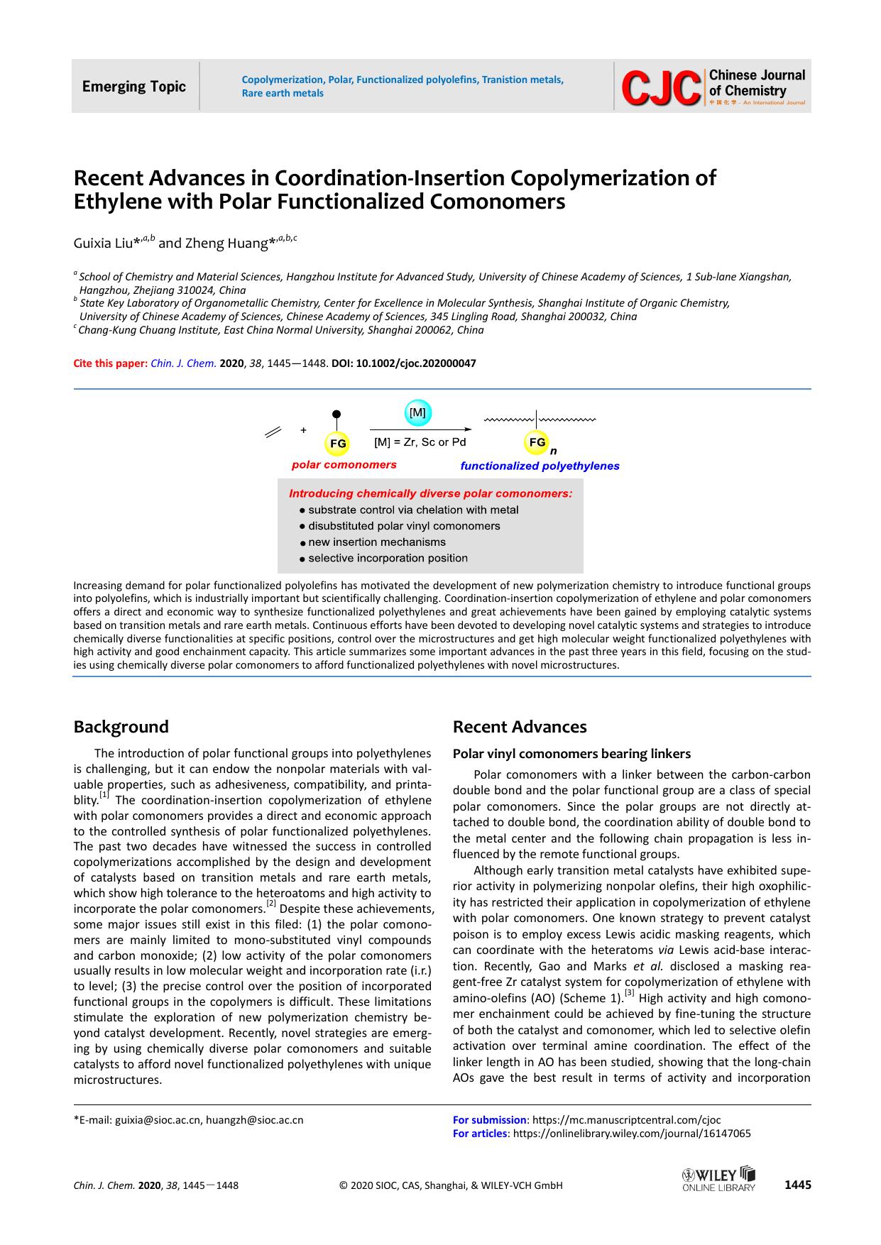 Recent Advances in Coordination-Insertion Copolymerization of Ethylene with Polar Functionalized Comonomers by unknown