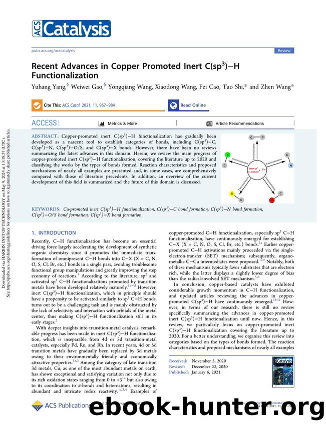 Recent Advances in Copper Promoted Inert C(sp3)âH Functionalization by Yuhang Yang Weiwei Gao Yongqiang Wang Xiaodong Wang Fei Cao Tao Shi & Zhen Wang