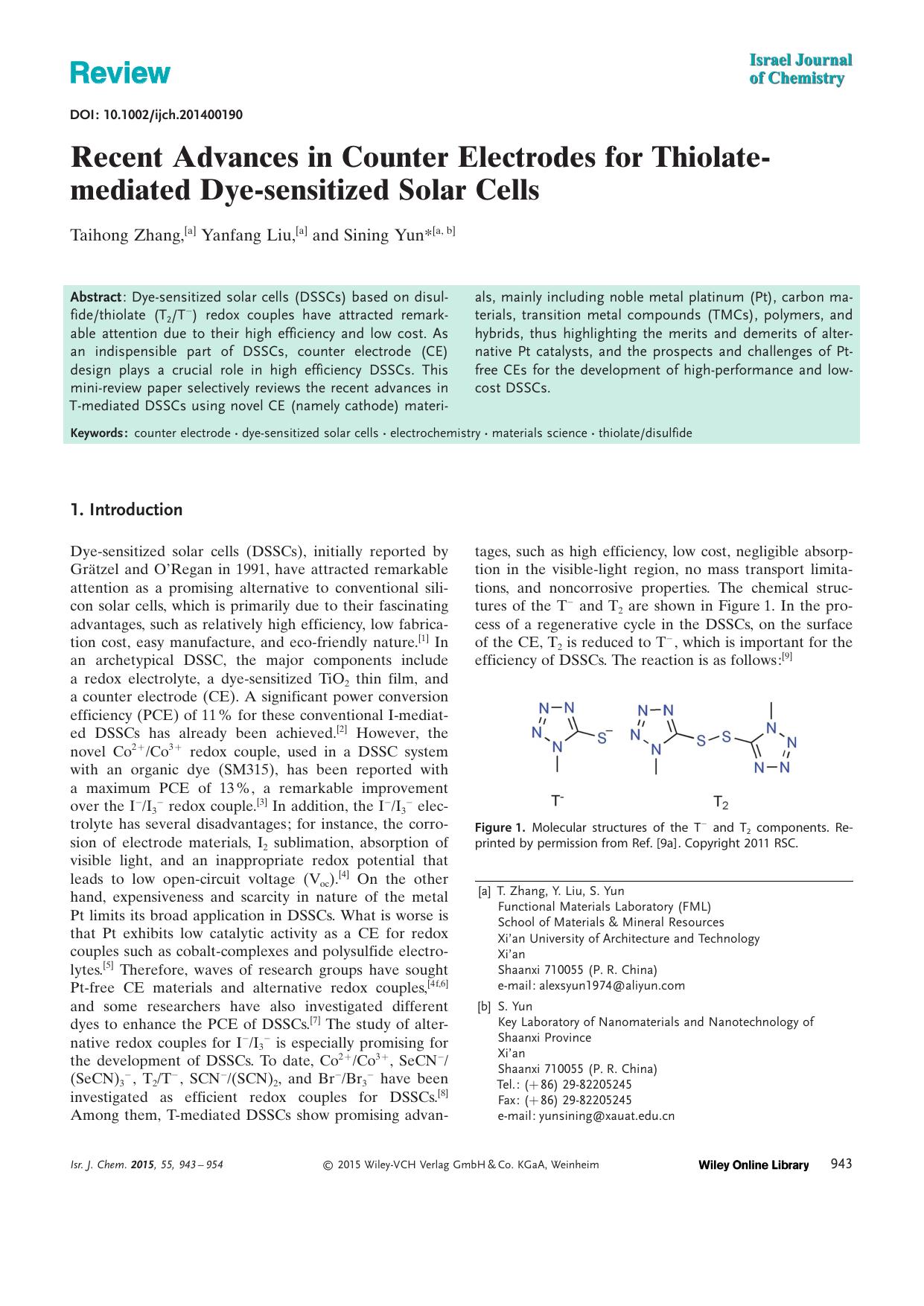 Recent Advances in Counter Electrodes for Thiolatemediated Dyesensitized Solar Cells by Unknown