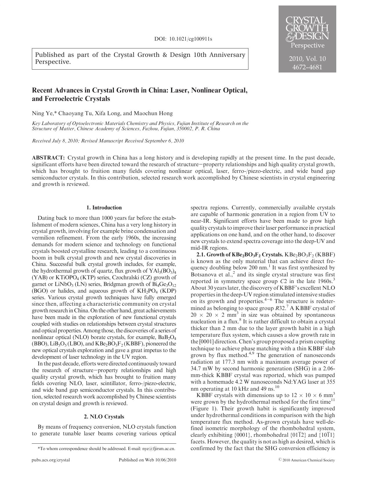 Recent Advances in Crystal Growth in China: Laser, Nonlinear Optical, and Ferroelectric Crystals by Unknown