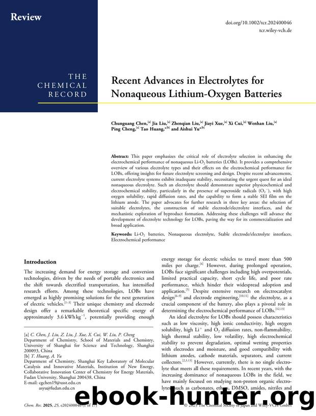 Recent Advances in Electrolytes for Nonaqueous LithiumâOxygen Batteries by unknow