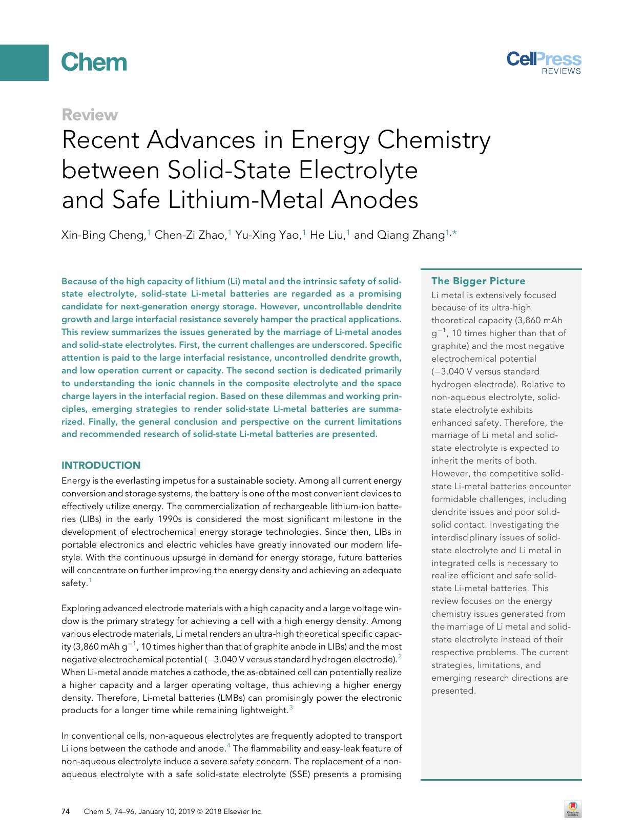 Recent Advances in Energy Chemistry between Solid-State Electrolyte and Safe Lithium-Metal Anodes by Xin-Bing Cheng & Chen-Zi Zhao & Yu-Xing Yao & He Liu & Qiang Zhang