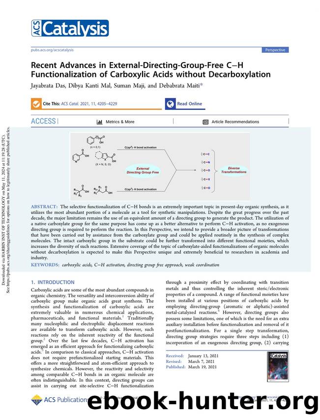 Recent Advances in External-Directing-Group-Free CâH Functionalization of Carboxylic Acids without Decarboxylation by Jayabrata Das Dibya Kanti Mal Suman Maji & Debabrata Maiti