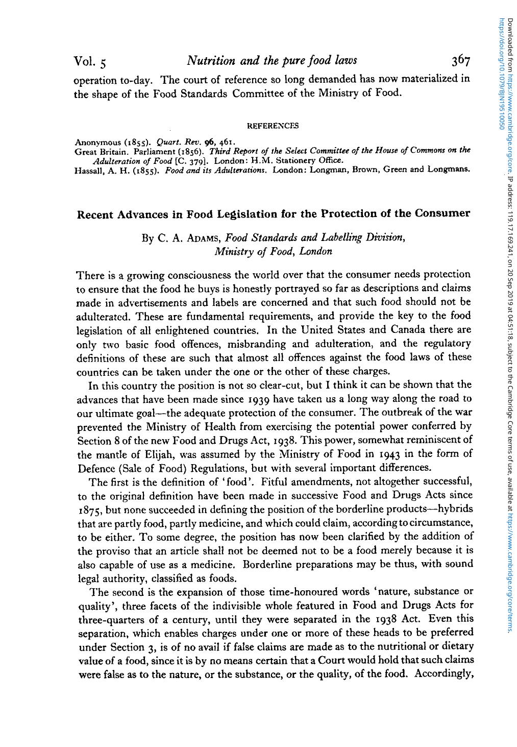 Recent Advances in Food Legislation for the Protection of the Consumer by C. A. Adams