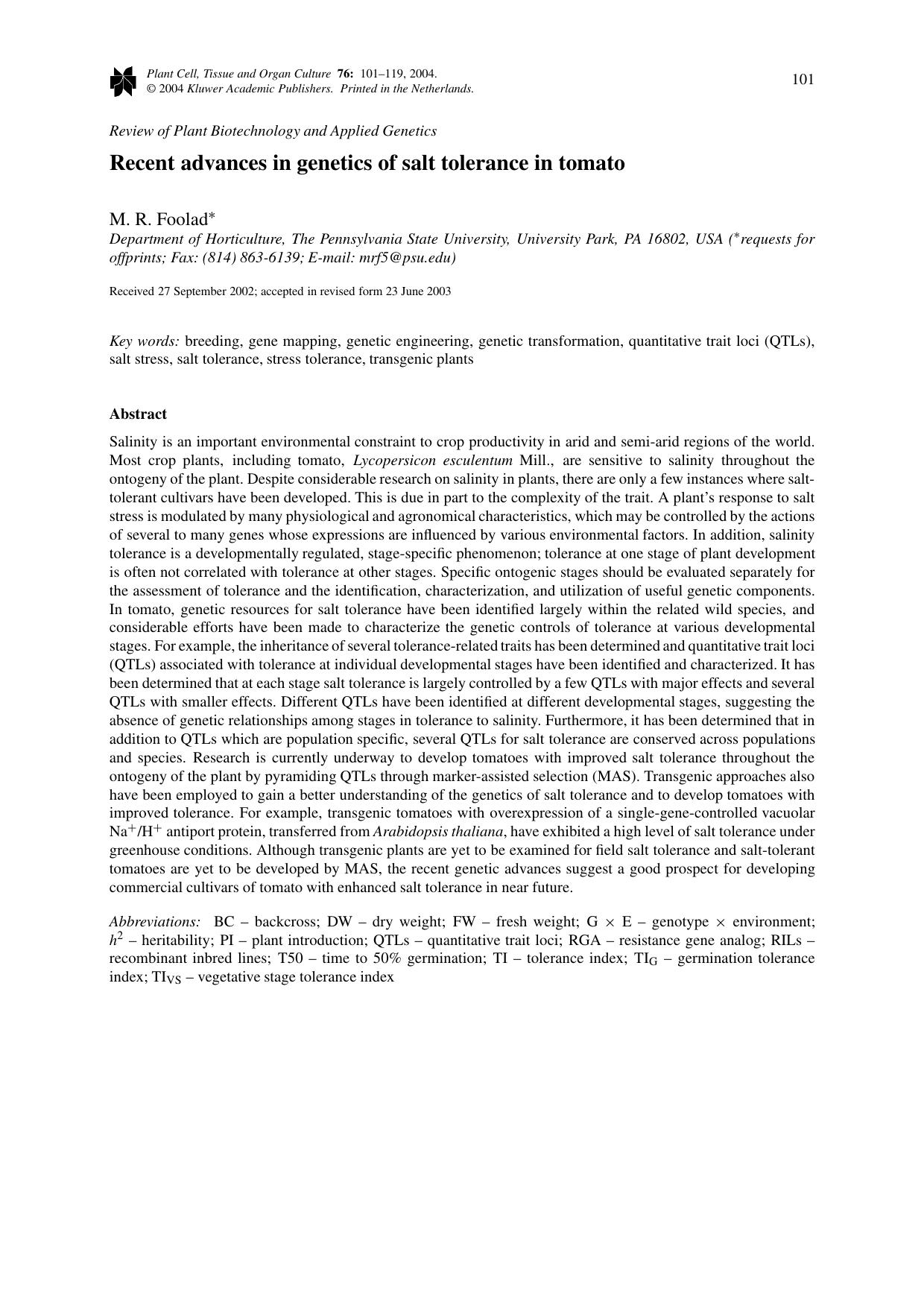 Recent Advances in Genetics of Salt Tolerance in Tomato by Unknown