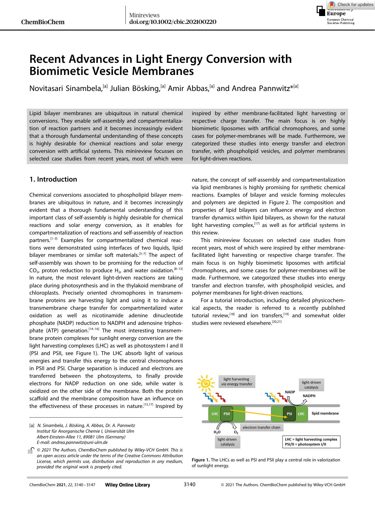 Recent Advances in Light Energy Conversion with Biomimetic Vesicle Membranes by Unknown